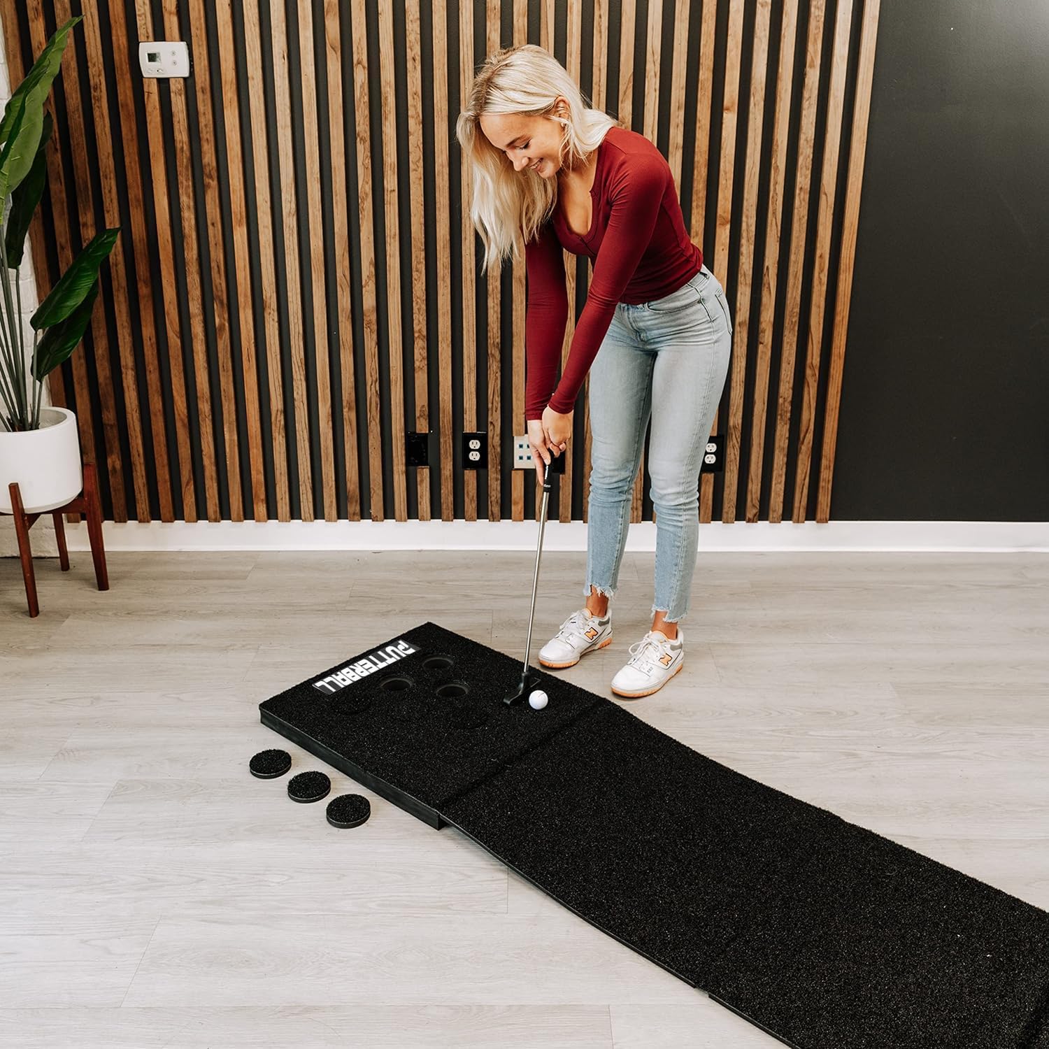 PutterBall Golf Game Set The Original - Includes 2 Putters, 2 Golf Balls, Black Putting Mat, Hole Covers - Best Backyard Party Game Set