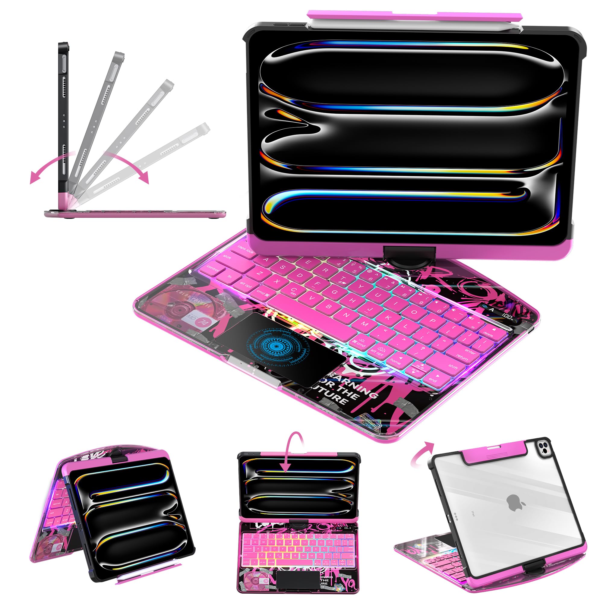 Clear Keyboard Case for iPad Pro 11 Inch (M4/M5 2024/2025) 360° Swivel Multi-Touch Trackpad,with Wireless Bluetooth 3-Brightness &amp; 7-Color Backlit, Pencil Holder tecla de acceso directo Pink