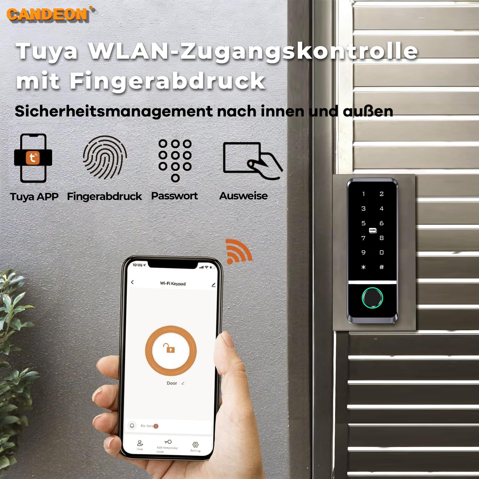 Elektronisches Smartes Türschloss, RFID/Tuya-App/WiFi Zugangskontrolle Tastatur Fingerprint Türöffner, Wasserdicht Touchscreen Codeschloss für Außen- und Innenbereich, 125 kHz /13,56 MHz