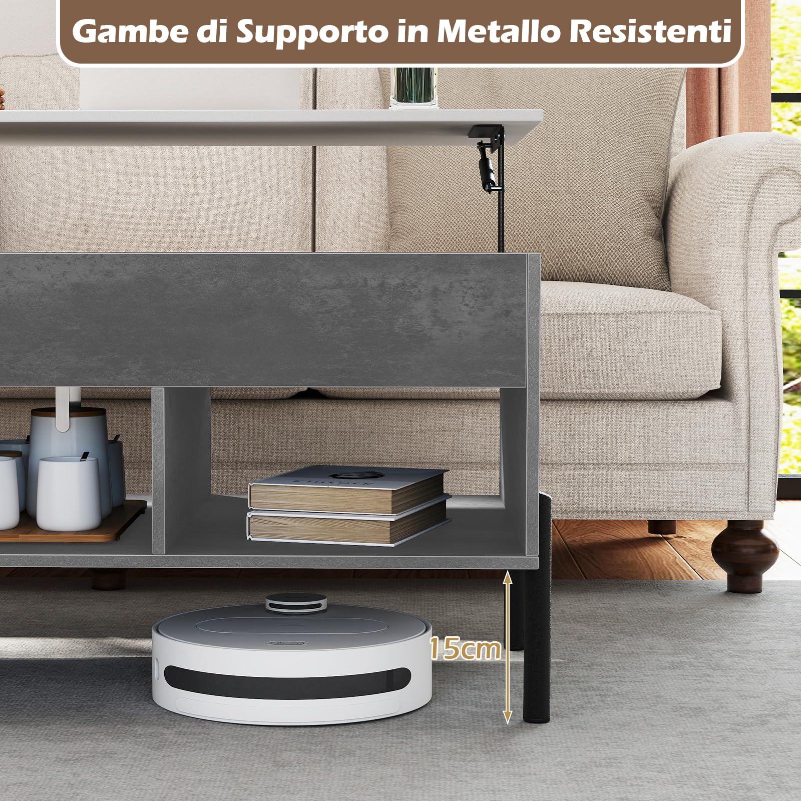 COSTWAY Tavolino da Caffè Sollevabile, Tavolo da Salotto con Piano Sollevabile, Ampio Comparto Nascosto, 3 Scomparti Aperti e Gambe in Metallo, Ideale per Salotto e Ufficio (Grigio)