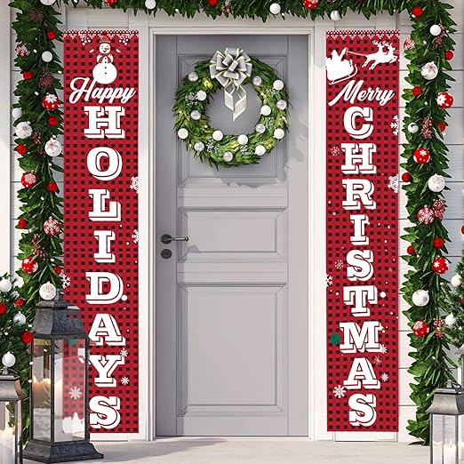 Vermo Christmas Decorations for Modern Home Decor - Merry Christmas Happy Holidays Red Buffalo Check Plaid Porch Signs - Xmas Banners for Indoor