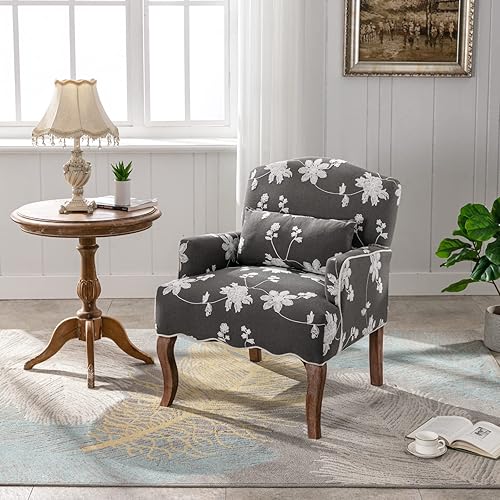 Miniatura 23 de Silla decorativa floral con brazos de tela de lino moderna con almohada extraíble, silla de lectura en esquina tapizada, cómodo sofá individual para