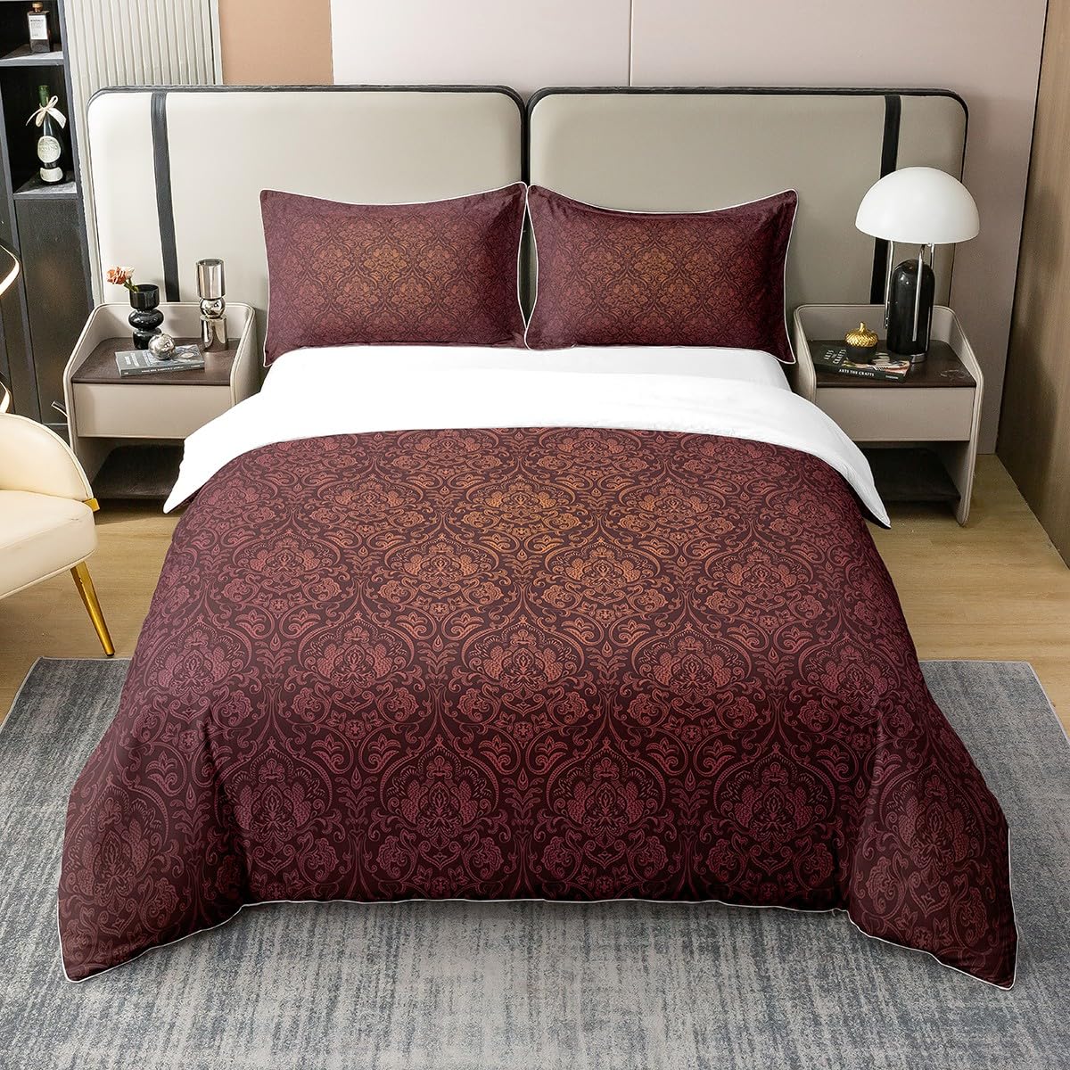 100% Organic Cotton Vintage Red Gold Ombre Floral Bedding Set Boho Paisley Damask Comforter Cover Super King Victorian Baroque Gothic Duvet Cover for Adults Men Women Bohemian Exotic Cozy Bed Set — image 1