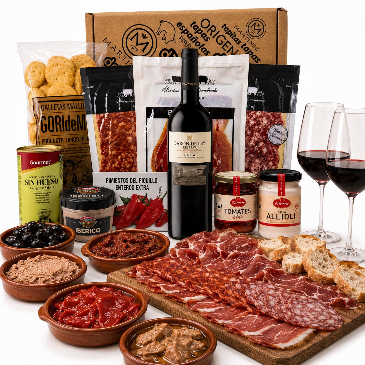 Panier-cadeau gourmet espagnol : jambon ibérico, chorizo, pata negra, baron de Ley Reserva et autres spécialités