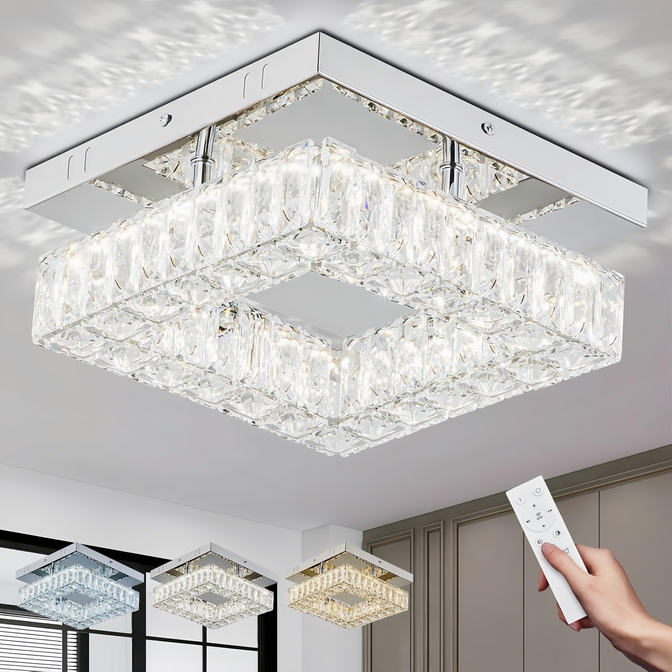 YPQXYHDA 9.8" Square Crystal Ceiling Light with Remote Mini Modern Led Square Crystal Chandelier Flush Mount Light Fixtures with Dimmable for Hallway Foyer Kitchen Staircase — image 1
