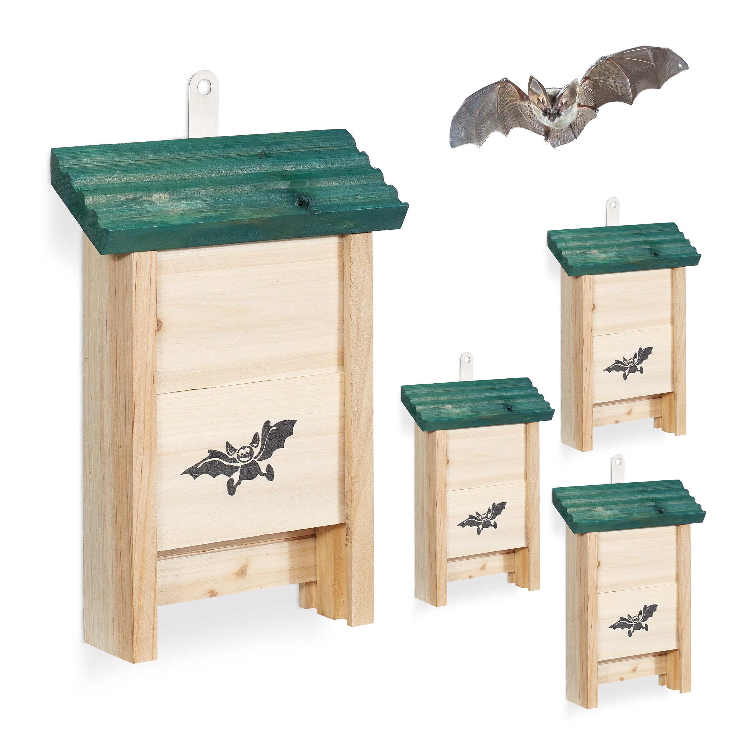 Relaxdays Set de 4 Cajas para murciélagos de Madera sin Tratar, 25x18x6 cm, Natural y Verde