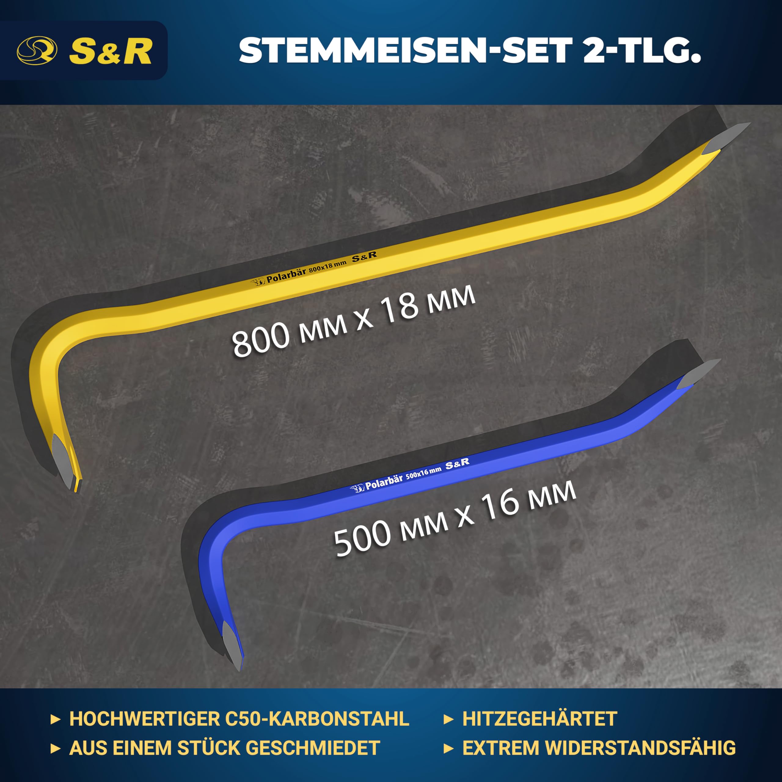 S&R Professional Brecheisen Set 2-tlg 500 x 16 mm, 800 x 18 mm, idealer Härtegrad 38-48 HRC geschmiedet, hitzegehärtet, Stemmeisen, Nageleisen, Brechwerkzeug, Abriss- & Aufbrecharbeit