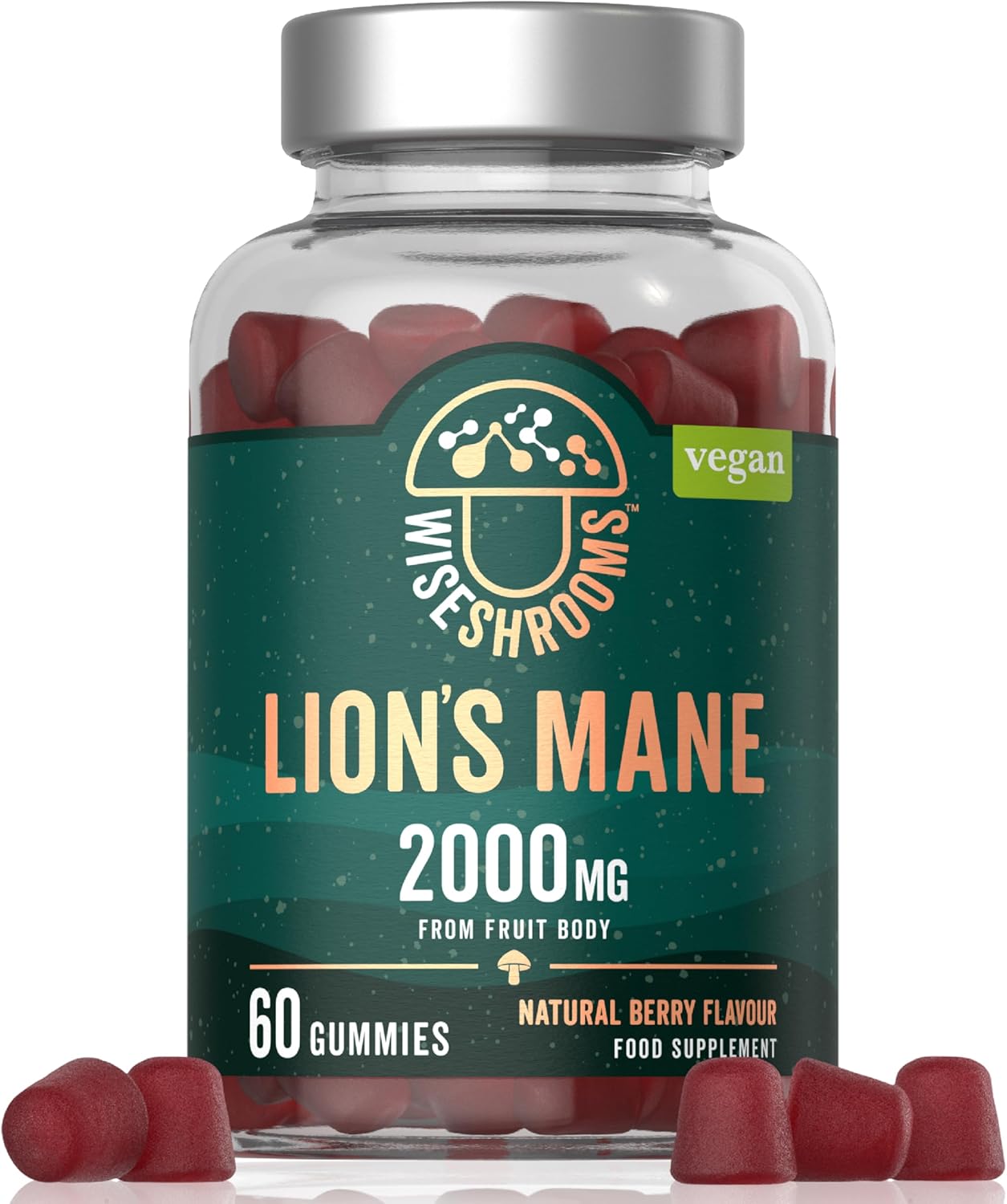 Lions Mane Gummies 60,000mg Per Bottle | High Strength Supplement from Fruit Body | Vegan Mushroom Extract | 1000mg x 60 Natural Berry Flavour Gummies | by Wiseshrooms