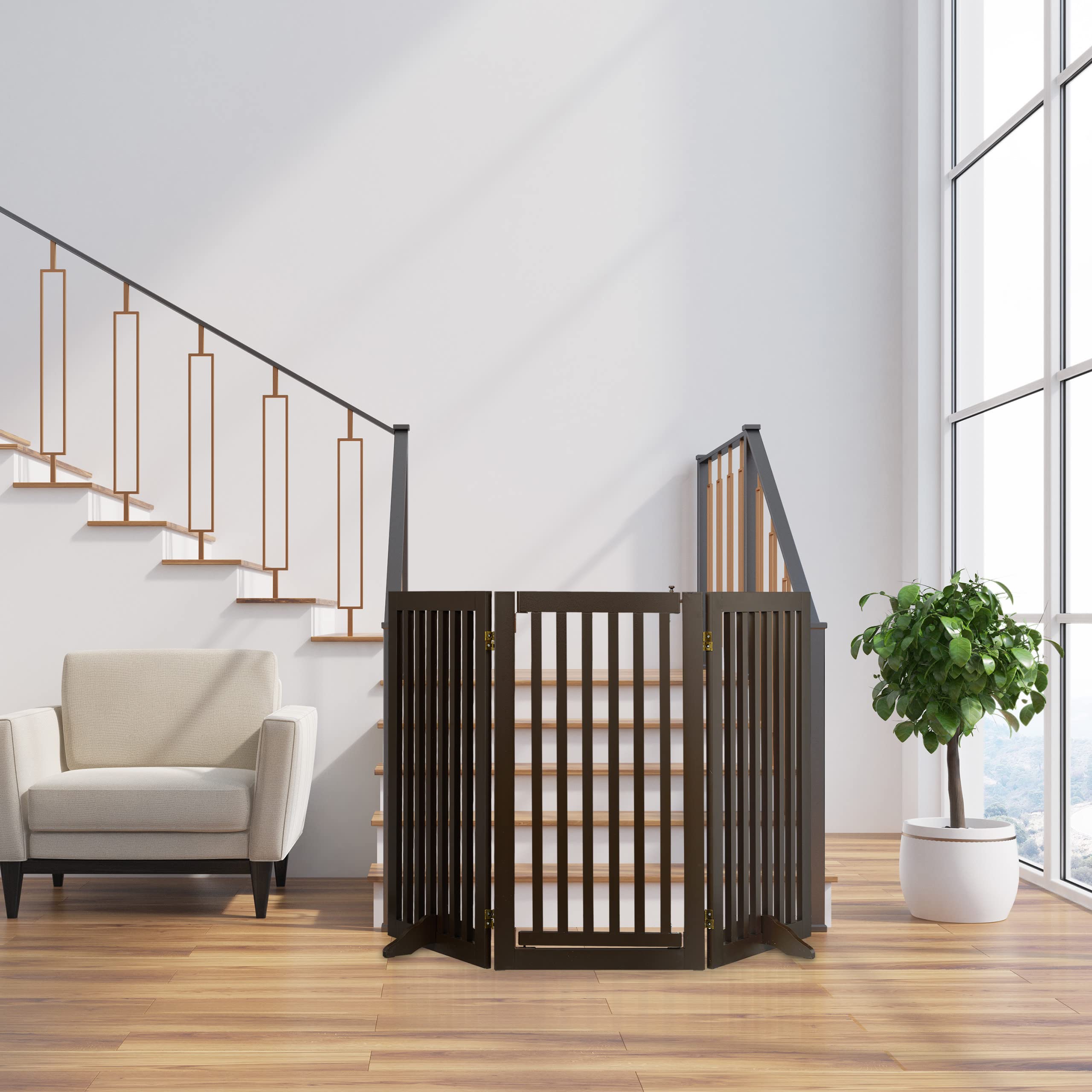 Relaxdays Barrera Seguridad Niños, Valla Protectora con Puerta, para Escaleras, 92x154cm, Plegable, sin Taladrar, Marrón