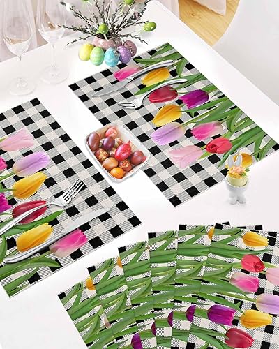 Miniatura 6 de Juego de 4 manteles individuales de jardín con tulipán de primavera, a cuadros, antideslizantes, resistentes a las manchas, manteles lavables para