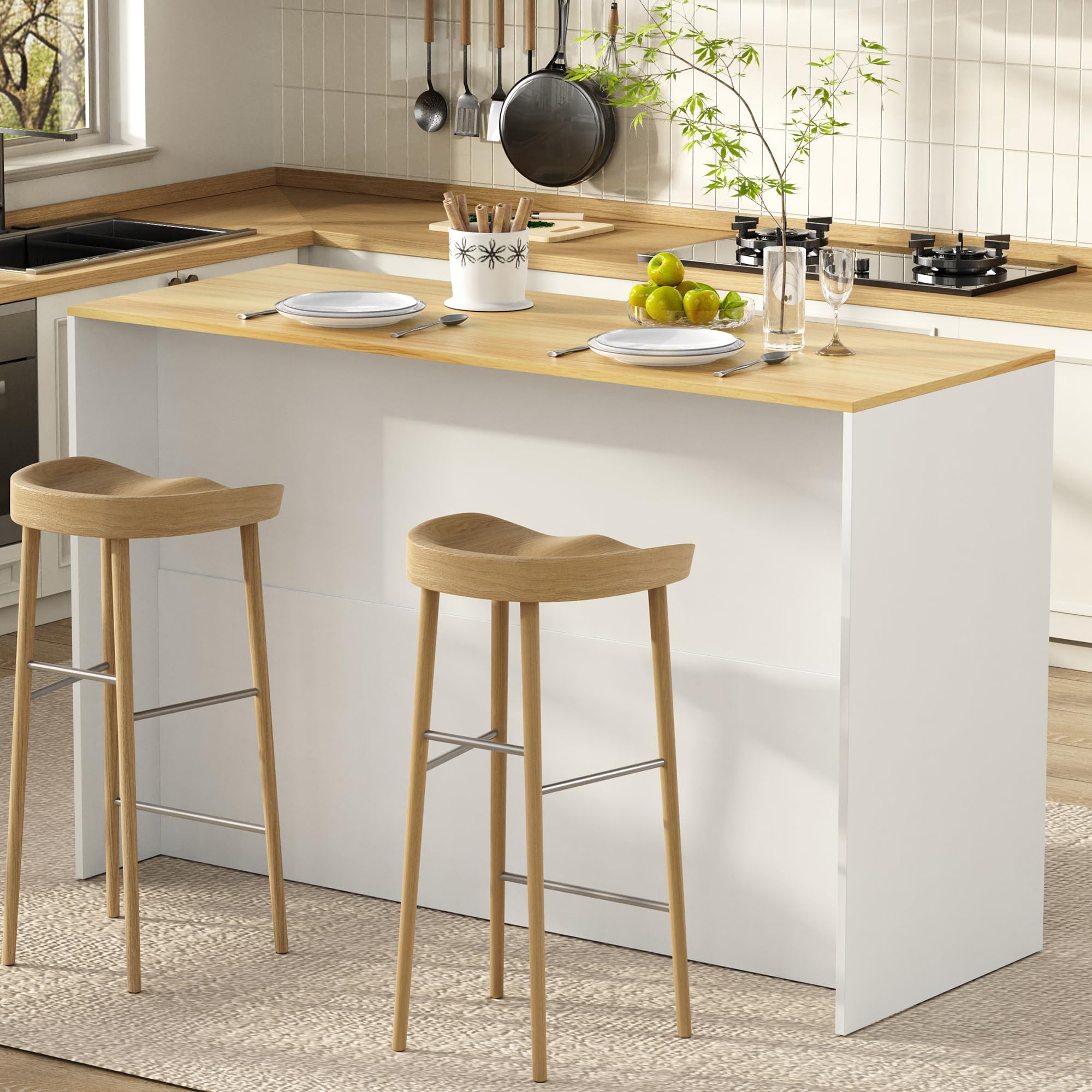 Isola da cucina con grande piano di lavoro, mobile da cucina autoportante con cassetti, ripiani regolabili e ante ad arco trasparenti, per sala da pranzo e cucina, bianco