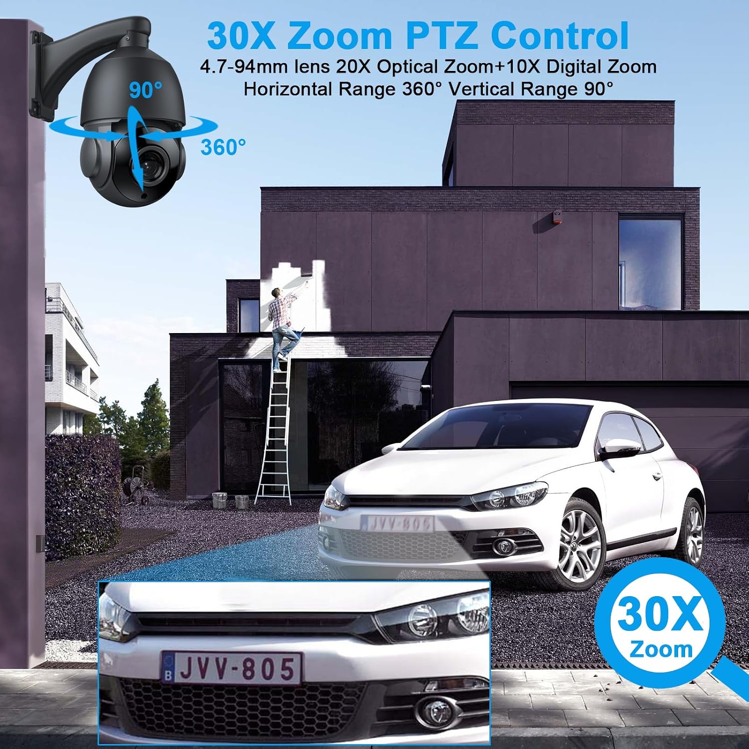 4K 30X Zoom Outdoor PTZ Security POE IP Camera, 8MP Speed Dome Surveillance Camera with Human Detection, 390ft IR Night Vision, Two Way Talk, SD Card Slot，24/7 Recording, RTSP Onvif Compatible