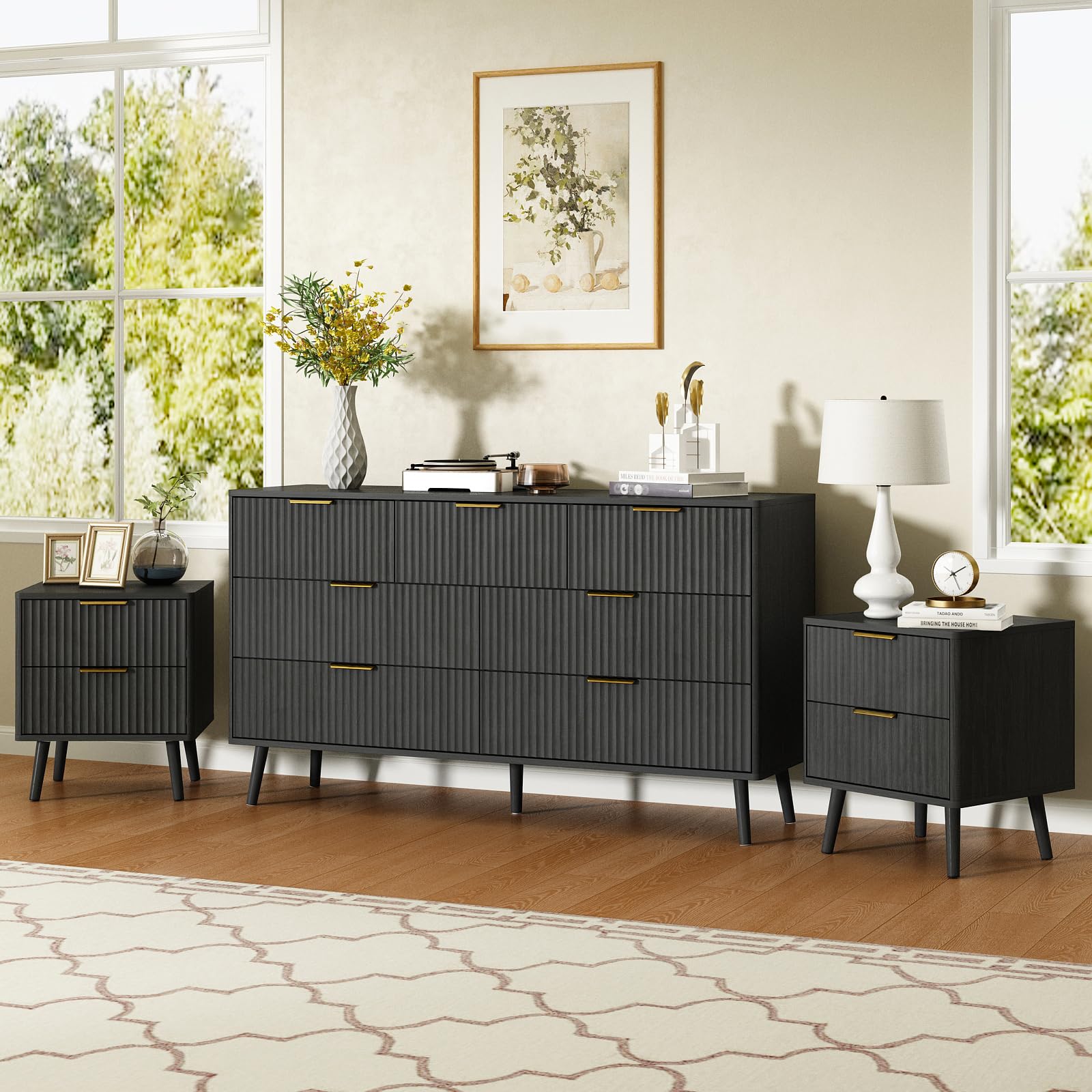 CARPETNAL Fluted Dresser and Nightstand Sets for Bedroom, 3 Pcs Bedroom Set, Black