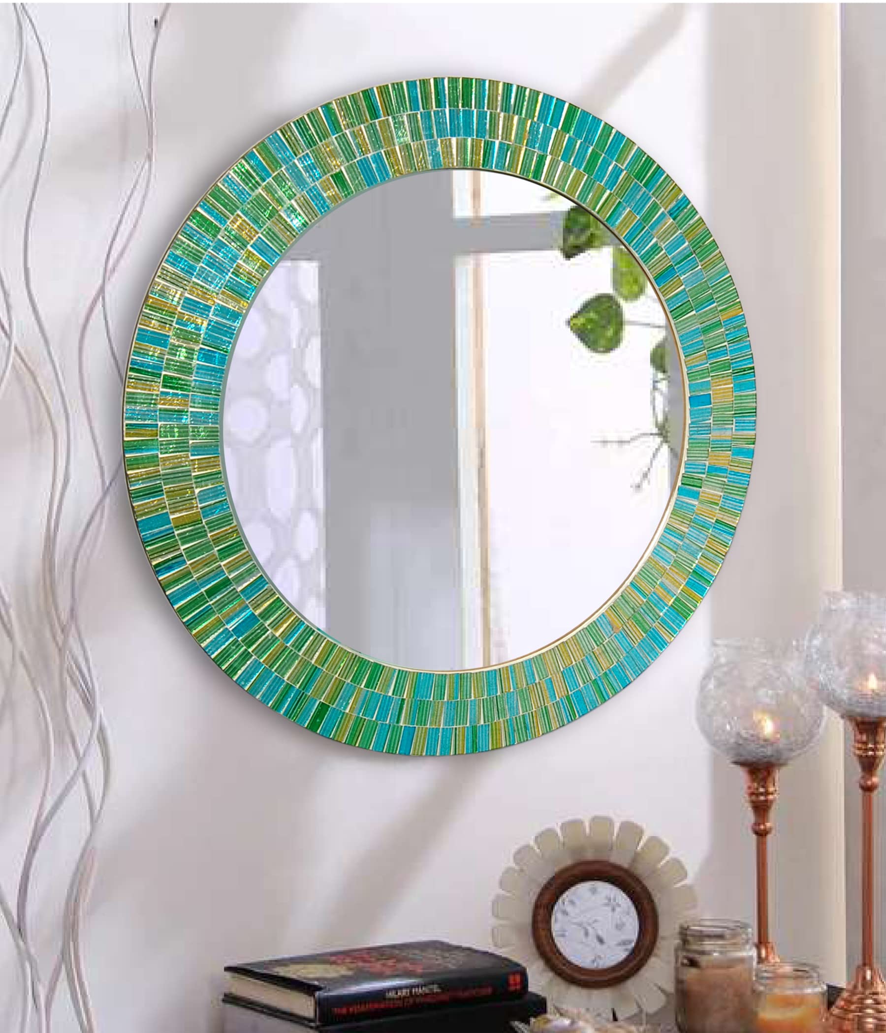 BOH Rhapsody Wall Mirror -Glass Mosaic Decorative Wall Mirror, Multi Color Spectrum Wall Mountable, 24″ Multi-Color Framed Mirror