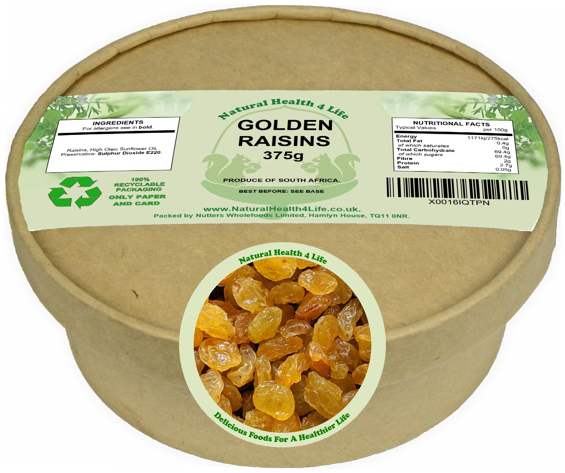 Natural Health 4 Life Golden Raisins 375 g in Kraft Tub (1 Tub)