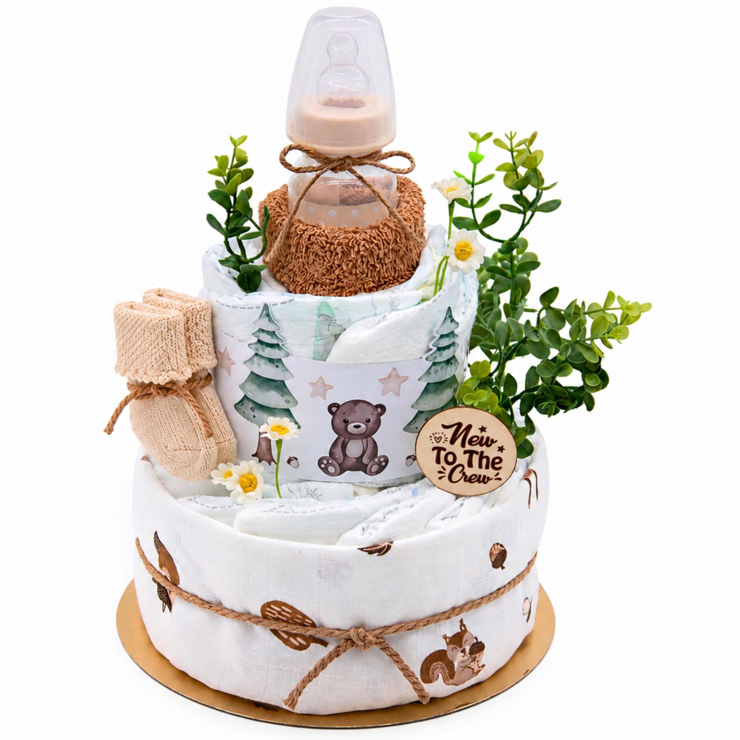 Windeltorte Baby Wald mit Musselintuch, Baby Teeflasche, Spucktuch, Babysocken-Geschenk zur Geburt (Brown)