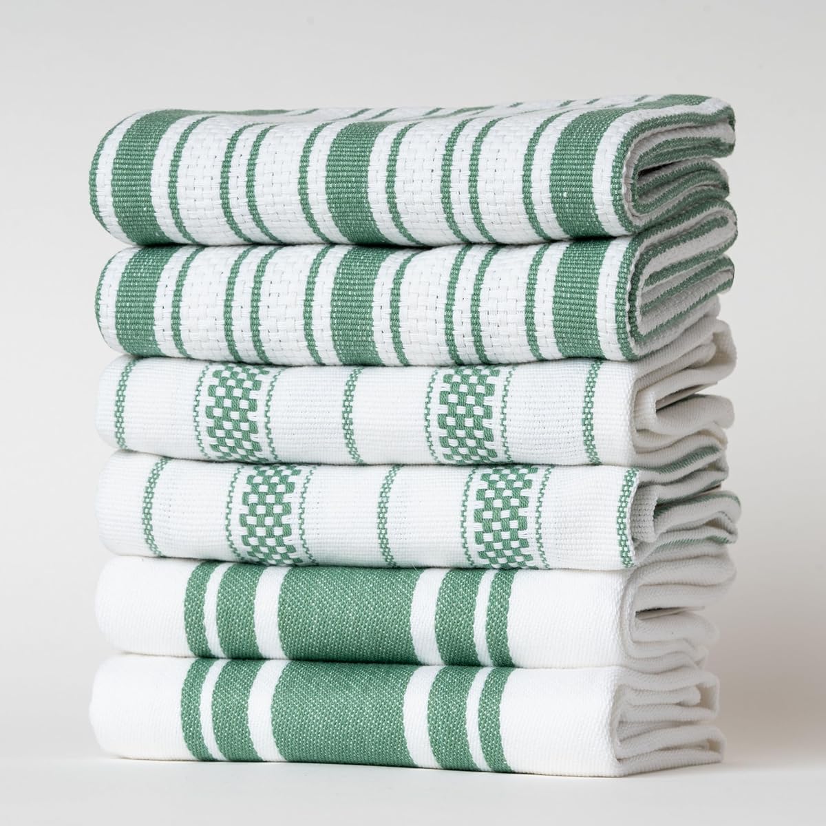 Kitchen Towels Set – Pack of 6 (20’’ x 30’’) Extra Large Premium Cotton Dish Towels for Kitchen – Absorbent – 100% Cotton – with Hanging Loop – Green Multi Design Striped