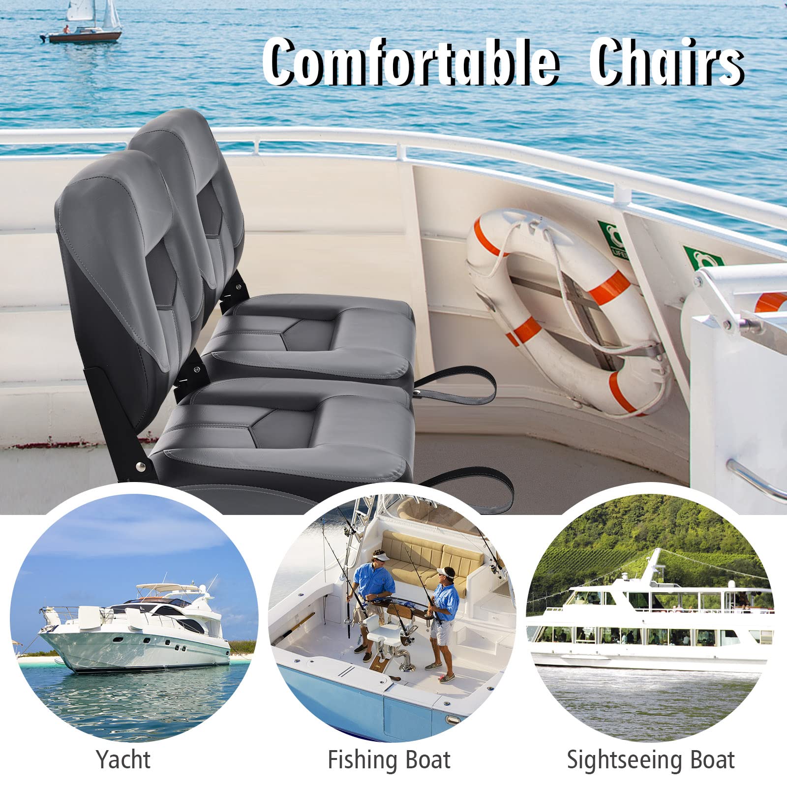 GOPLUS Juego de 2 Asientos de Barco, Silla Plegable para Barco Impermeable, Asiento Yate Ergonómico con Correas y Tornillos de Fijación, 42 x 50 x 52 cm, para Pescar, Pilotaje, Barco de Pesca (Negro)