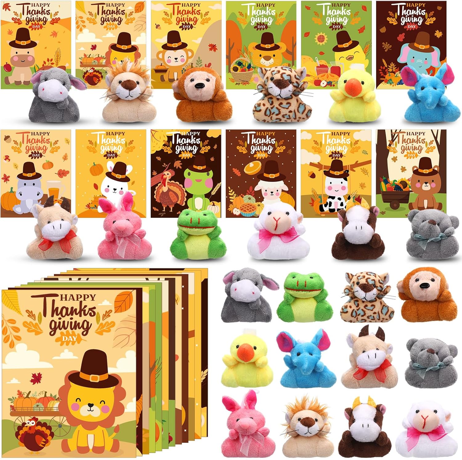 36 Set Thanksgiving Mini Stuffed Animals for Kids with Cute Happy Thanks Giving Day Cards Small Fall Plush Animals Doll Thanksgiving Party Favors Goodie Bag Filler Classroom Gifts Prizes