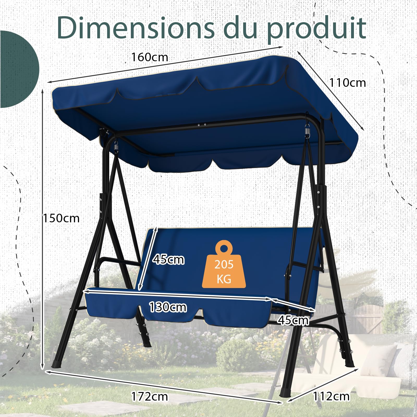 YODOLLA Balancelle de Jardin 3 Places, Auvent Réglable & Coussin Amovible, Charge 204kg, Balancoire Extérieure pour Terrasse, Piscine, Porche, 172 × 112 × 151 cm (Bleu)