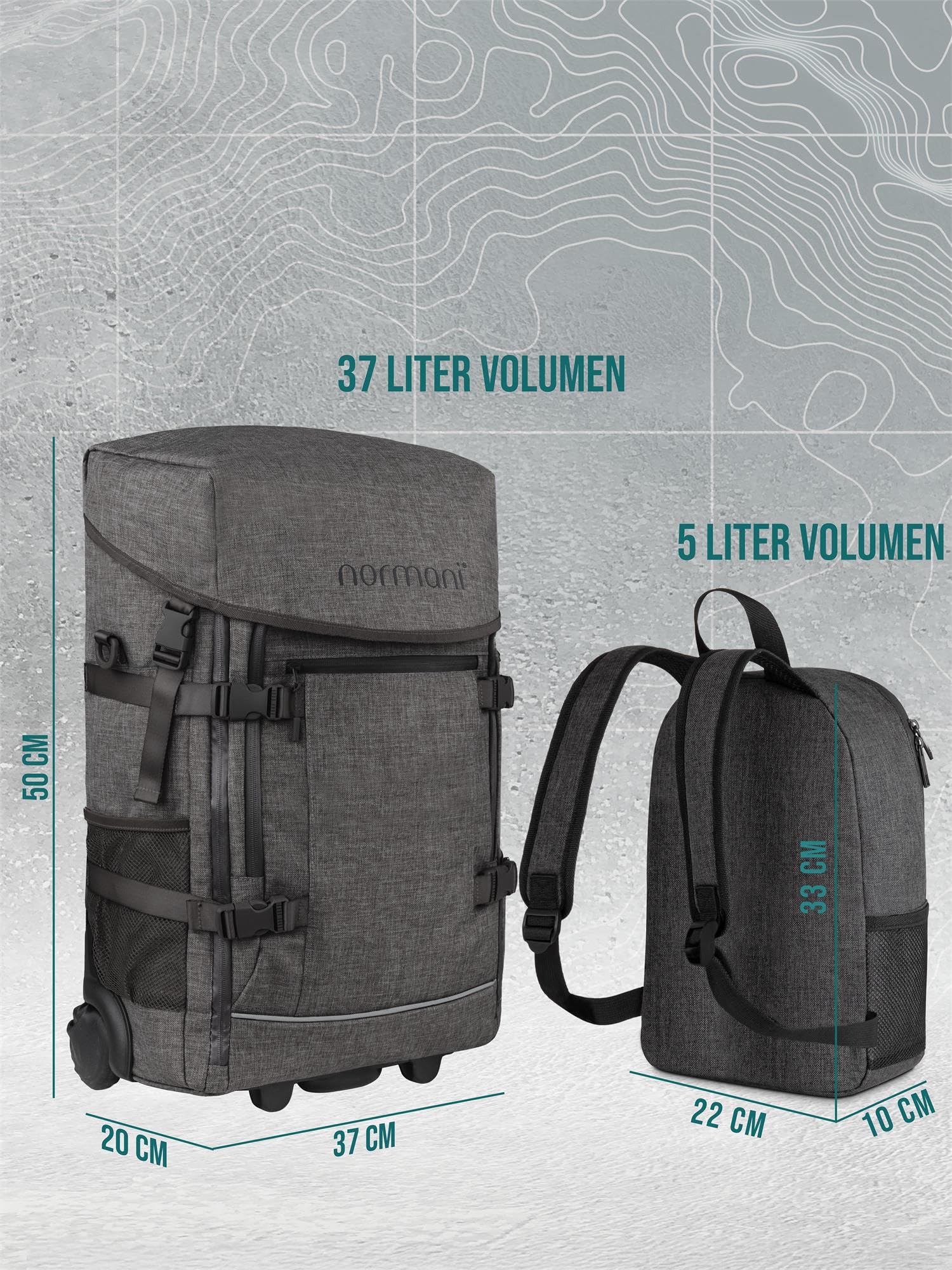 normani Reisetasche (2-teilig) - Handgepäck Trolley mit Rucksackfunktion Bordgepäck Travel Bag 37L und 5 Fächern 50x37x20 cm Farbe Z Grau Größe OneSize