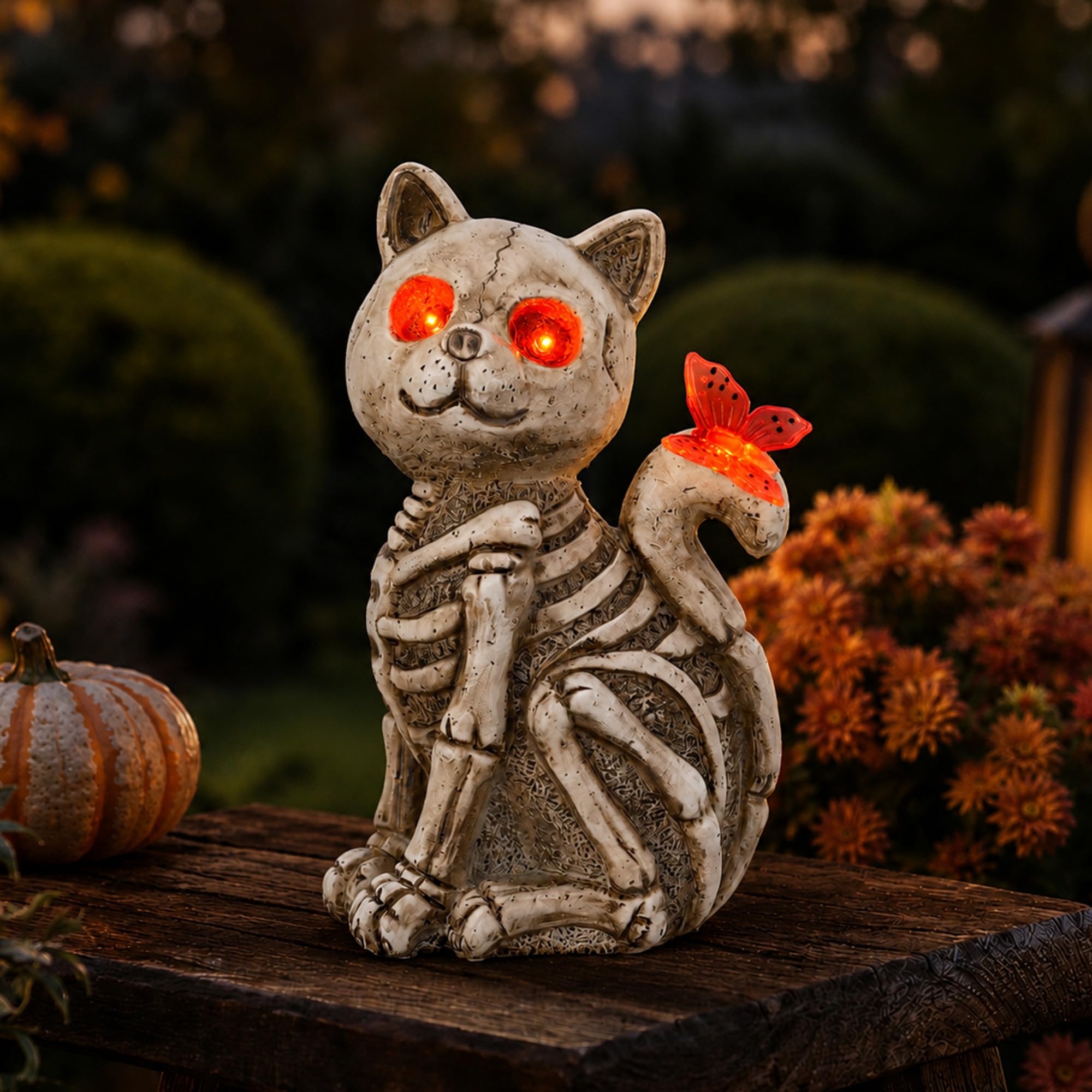 Statua solare del giardino del gatto di scheletro di Halloween, ornamento