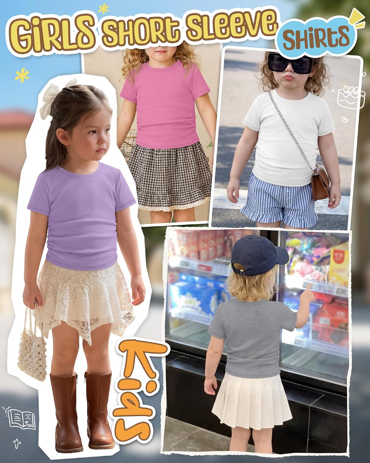 4 Pack Toddler Girls Short Sleeve Shirts Kids Ruched Side Crewneck Tshirts Girls Cute Summer Tee 18M-5T