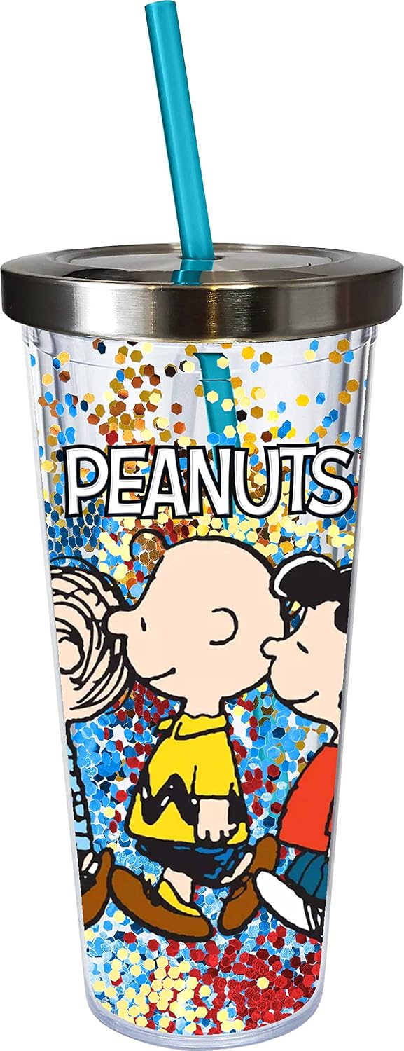 Spoontiques - Glitter Filled Acrylic Tumbler - Glitter Cup with Straw - 20 oz - Stainless Steel Locking Lid with Straw - Double Wall Insulated - BPA Free - Peanuts Drinking Cup