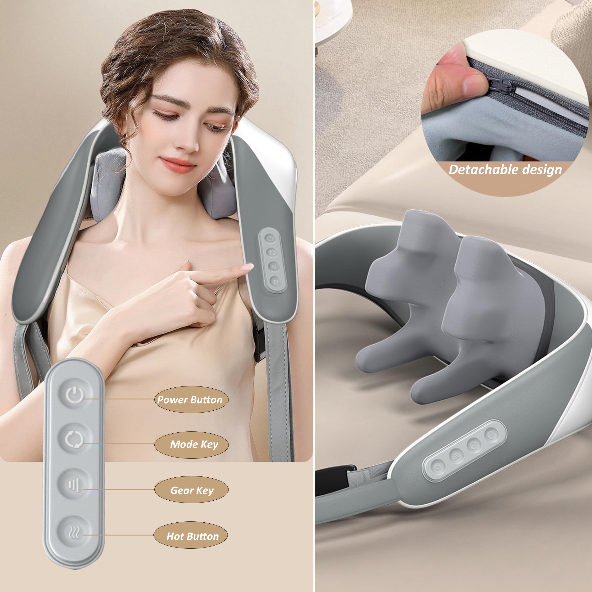Shiatsu masażer szyi i pleców z kojącym ciepłem, dwa sposoby noszenia, elektryczny masaż ramion, 6 silikonowych głowic do masażu, masażer 3D do łagodzenia bólu, prezenty relaksacyjne,