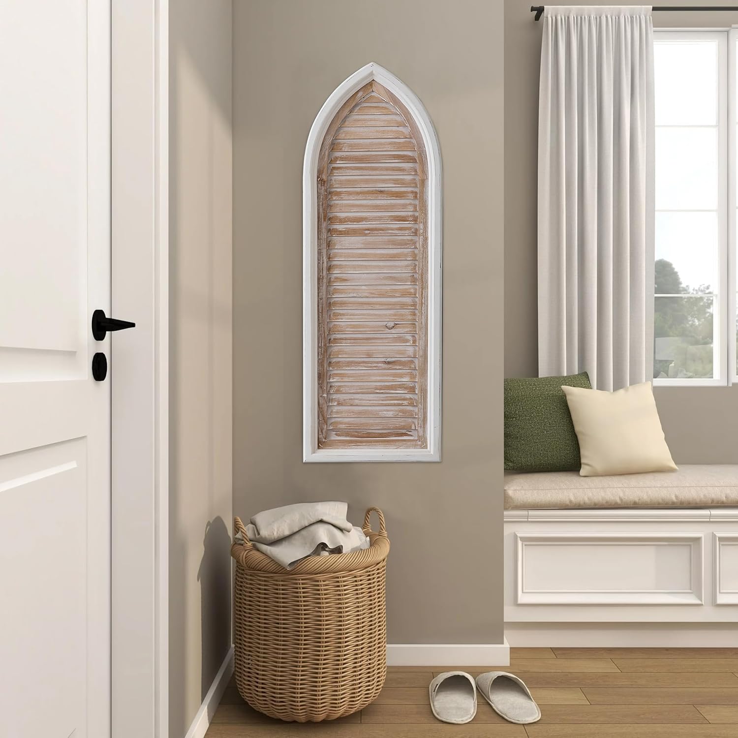 Sintosin Farmhouse Wood Shutters for Windows Inside 12 X 35 Inch, Hanging Distressed White Arched Window Frame Wall Decor, Rustic Carved Wooden Panels Wall Decor, Handmade Decorative Surfboards