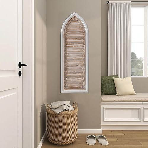Sintosin Farmhouse Wood Shutters for Windows Inside 12 X 35 Inch, Hanging Distressed White Arched Window Frame Wall Decor, Rustic Carved Wooden Panels Wall Decor, Handmade Decorative Surfboards