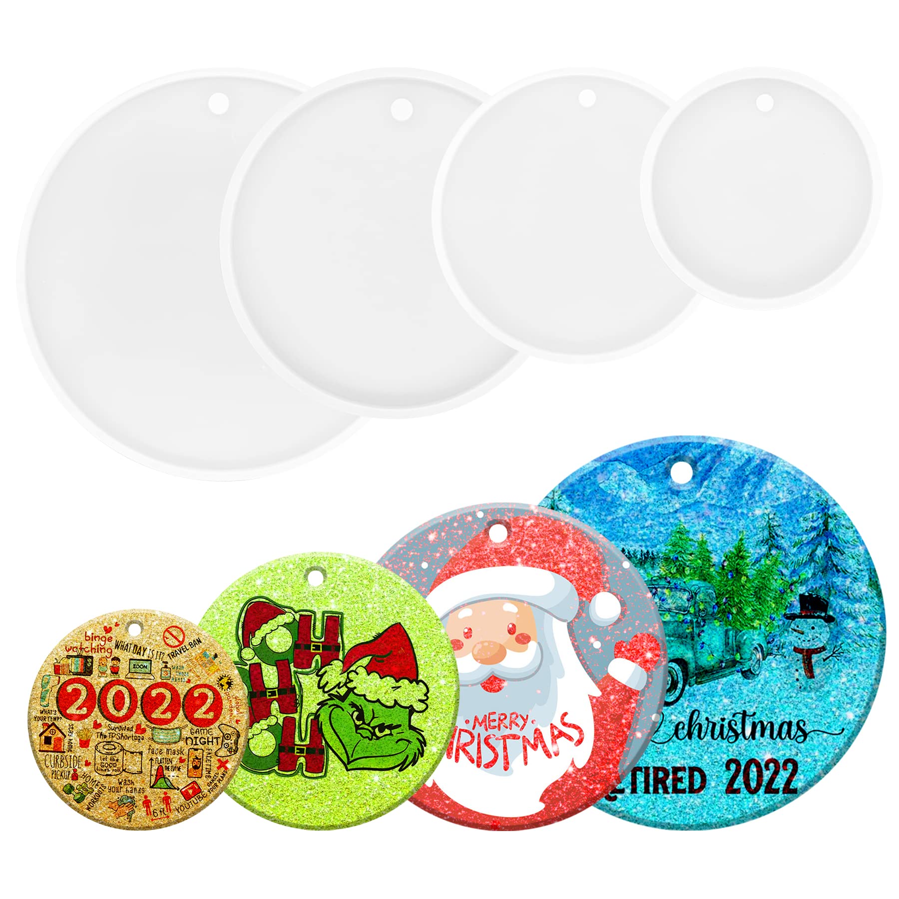 HyzaPhix Moldes De Resina De Navidad, Moldes De Silicona Para Adornos De Navidad, Moldes Redondos Para Colgantes Con Agujeros Para Colgar, Para Hacer Manualidades, Joyería, Llavero, árbol De Navidad