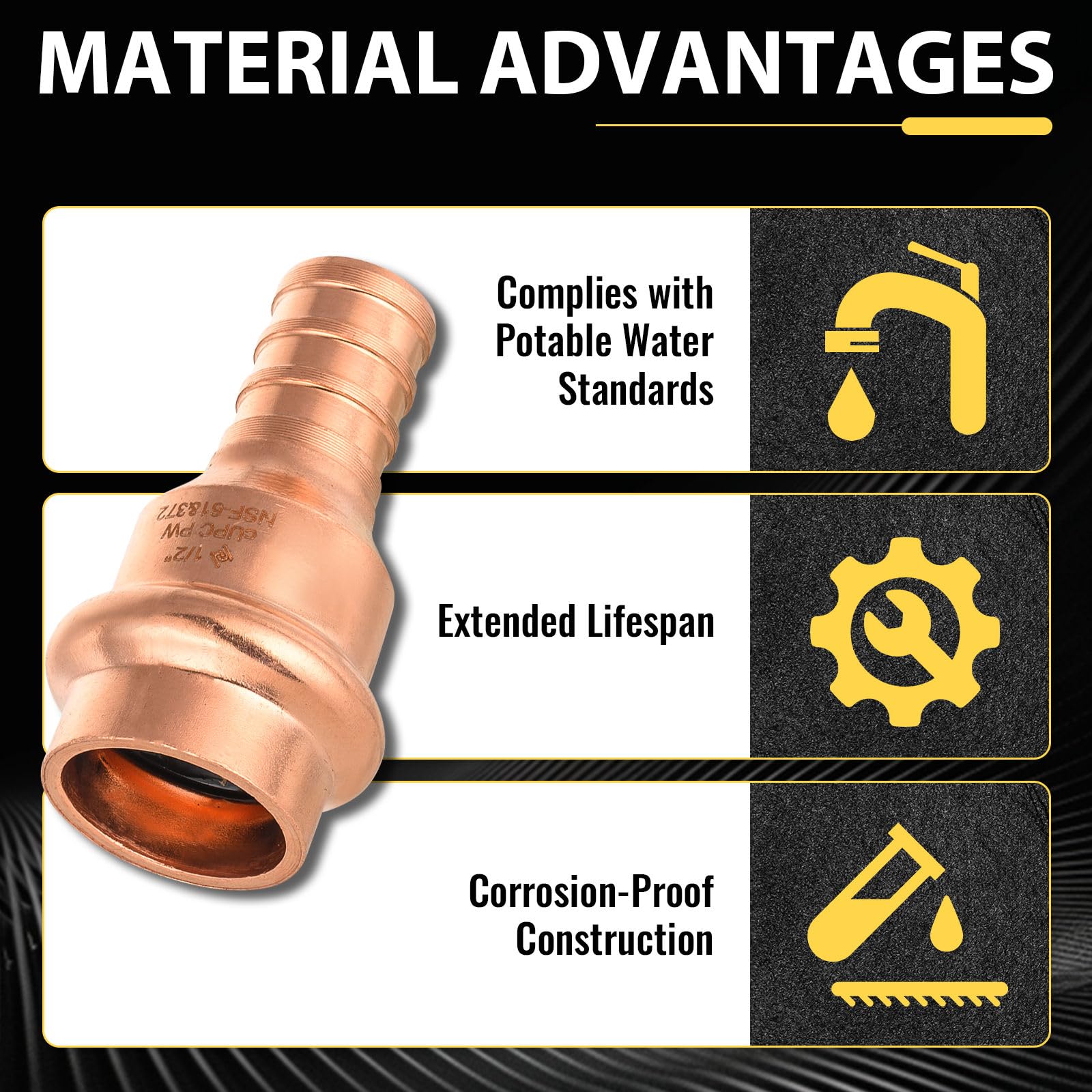 Paquete de 10 Conectores Foskan de 1/2" PEX con engaste x 1/2" de Cobre a presión, Accesorio de tubería de conexión a presión, diseño LBP para tubería de Cobre.