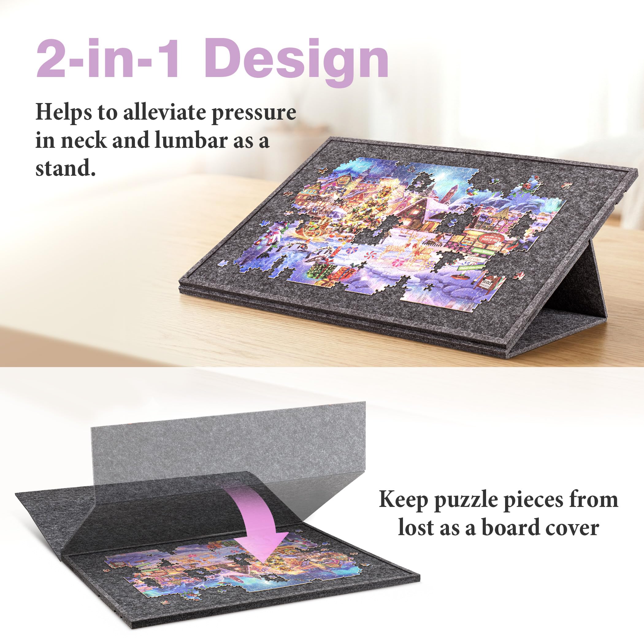 Planche de puzzle inclinable de 1500 pièces avec support et housse 2 en 1, table de rangement en feutre avec 3 angles réglables, légère et portable