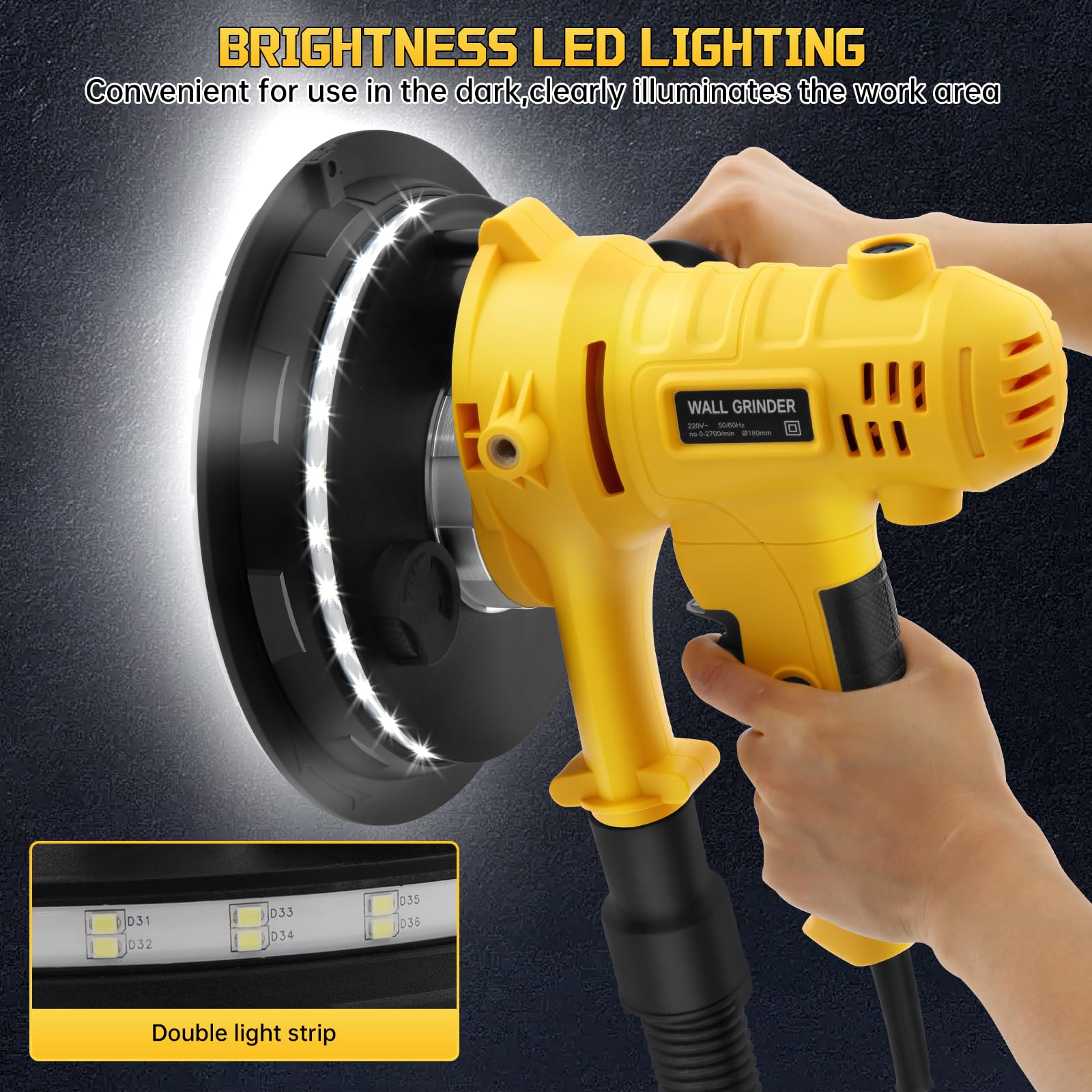 800W Electric Drywall Sander, Variable Speed1200-2300RPM Wall Sander with Vacuum, LED Lights, Dust Bag and Hose,12 Pcs Sanding Discs - Image 7