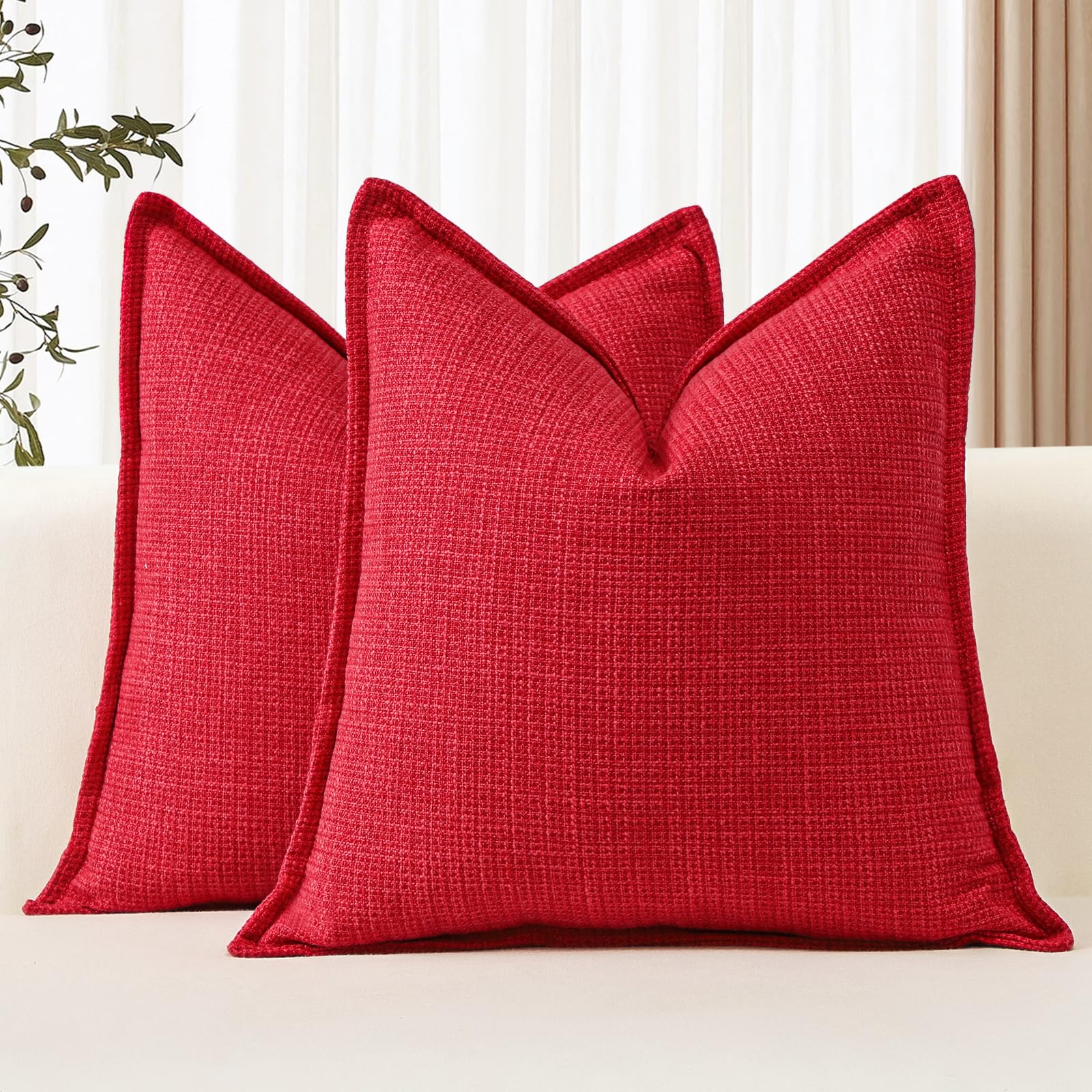 Artscope Pack of 2 Red Decorative Cushion Covers 22x22 Inch Soft Linen Texture Couch Throw Pillows Farmhouse Pillow Covers with Elegant Design for Sofa Bedroom Living Room Home Decor 55 x 55 CM - Image 2