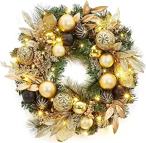 22 Inch Artificial Christmas Wreath, Pre-Lit Lighted Christmas Wreath with Ball Ornaments, Golden Leaves, Pine Needles, Winter Xmas Wreath with Timer for Door Window Fireplace
