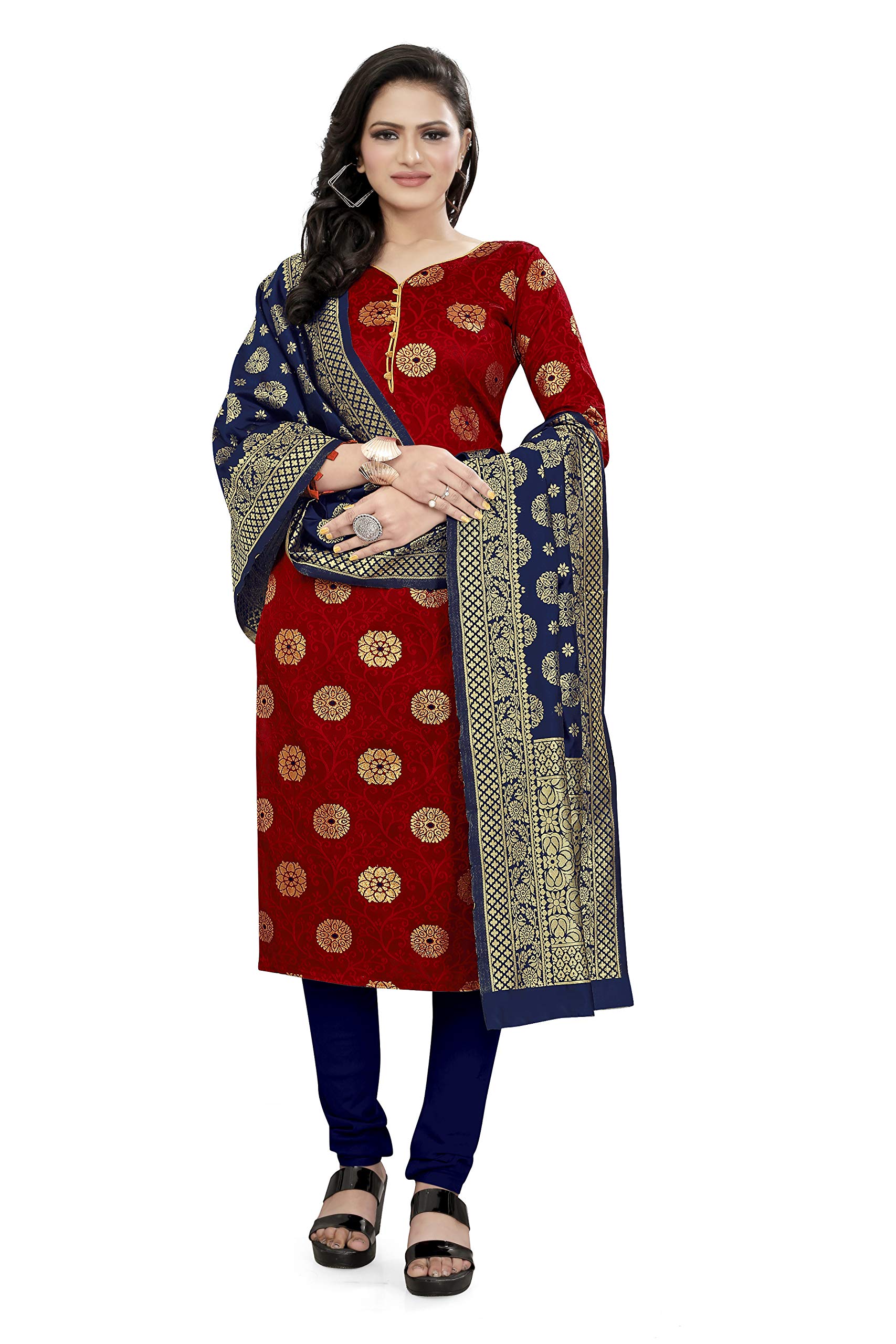 MORLYWomen's Cotton Silk Cotton silk Banarasi Unstitched Dress Material, Red