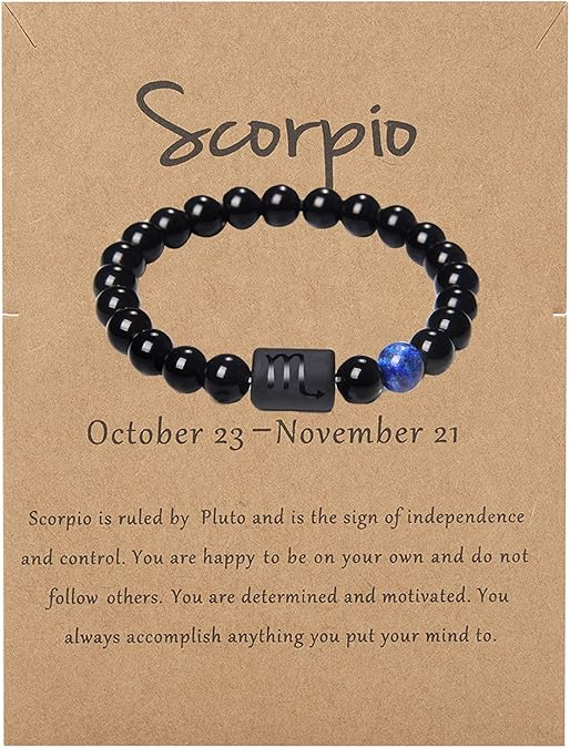 LAKIYOYO Zodiac Bracelet for Men Women Adjustable Natural Black Onyx Stone Bracelet 8mm 10mm Star Sign Constellation Horoscope Bracelet Gifts