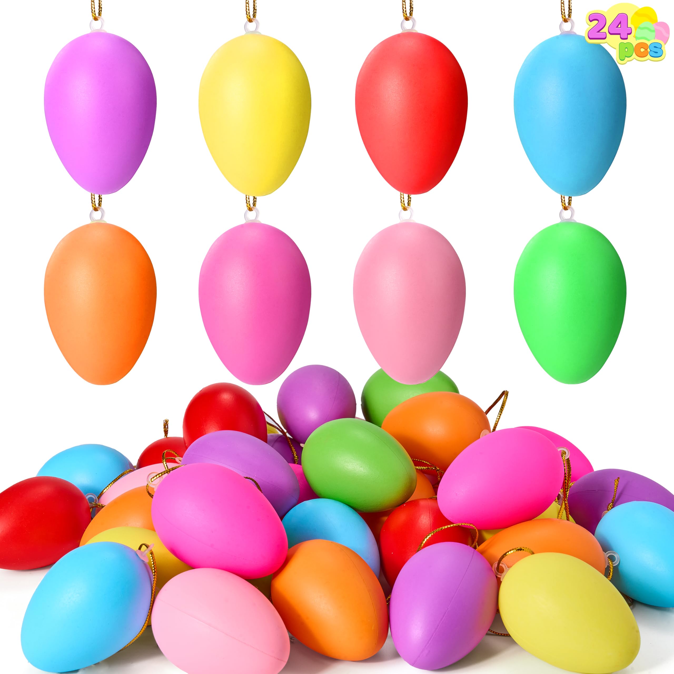 JOYIN Bunte Ostereier zum Aufhängen, 6 cm, Kunststoff, 8 Farben, dekorative Ostereier mit Aufhänger für Baumdekoration und Innen- und Außenbereich, Hängedekoration, 24 Stück