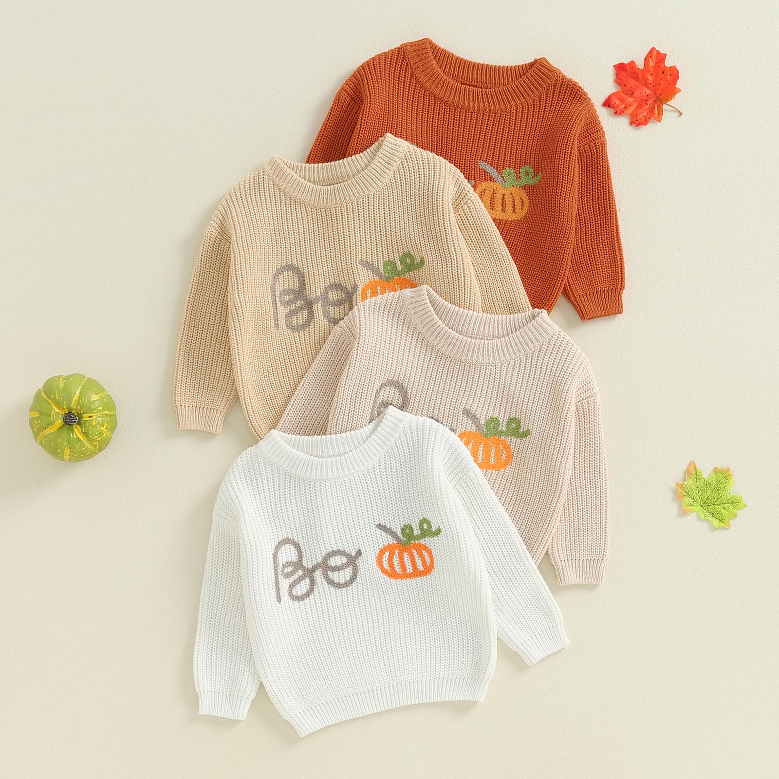 Toddler Halloween Sweater Baby Boy Girl Pumpkin Knit Sweaters Long Sleeve Pullover Sweatshirt for Fall Winter (White, 2-3 Years)