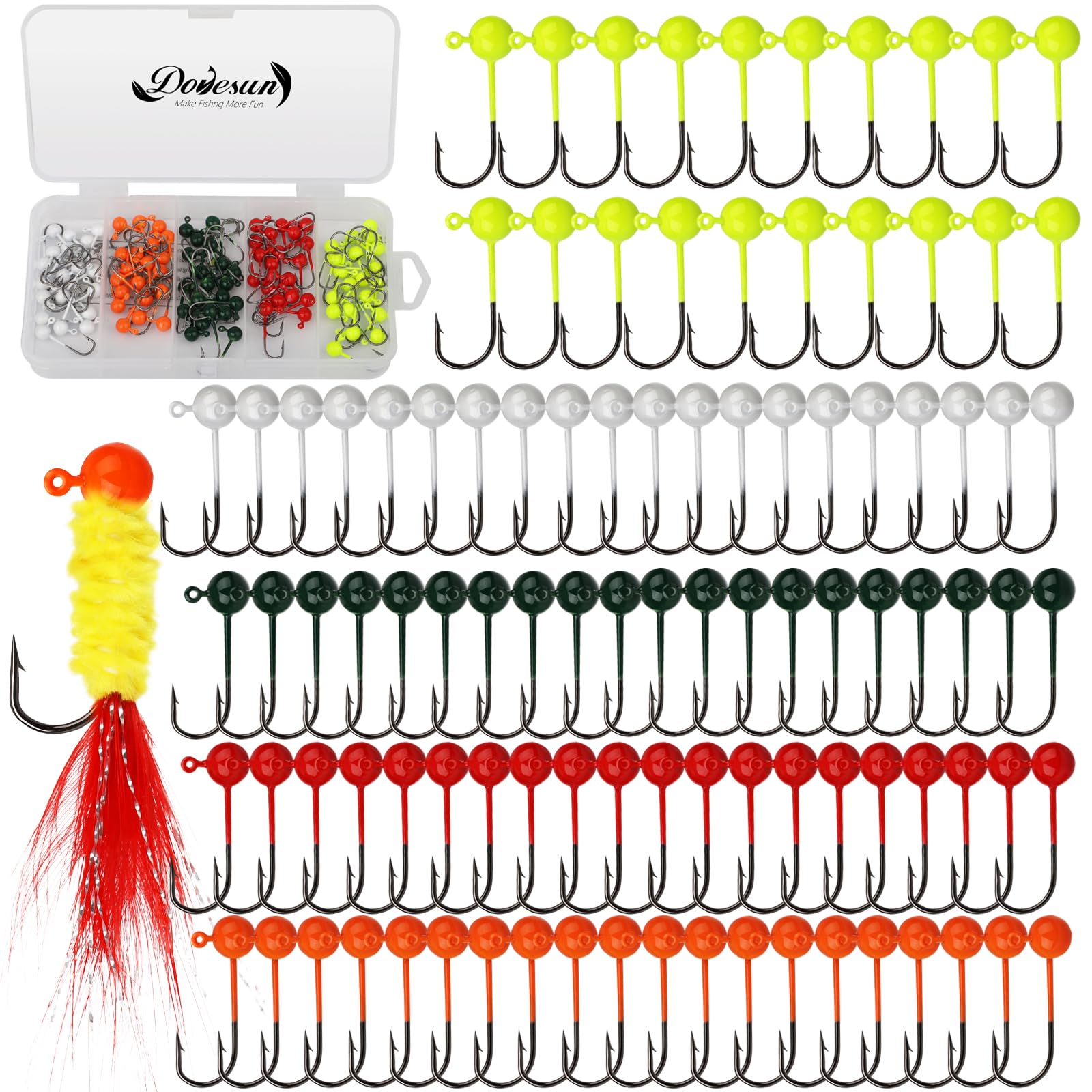 Dovesun 100pcs Fly Tying Jigs Kit, Jig Heads for Fly Fishing 1/124oz 1/80oz 1/64oz 1/32oz 1/16oz Jig Head Small Fly Fishing Hooks DIY Lure Making Kit Suit for Tying Flies | Crappie Lures