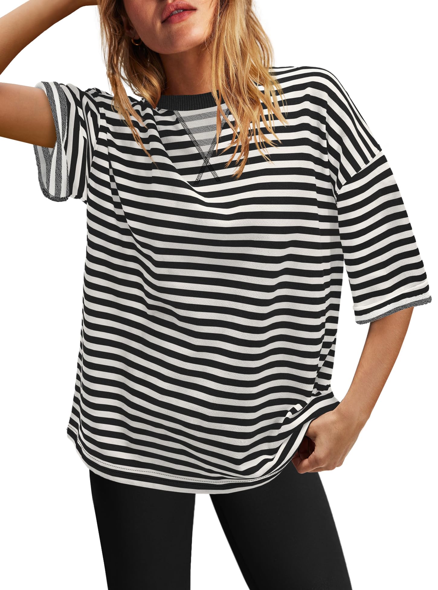 SENSERISE Crewneck Sweatshirts Women Short Sleeve Tops Striped Shirt Oversized Tshirts Y2k Clothes