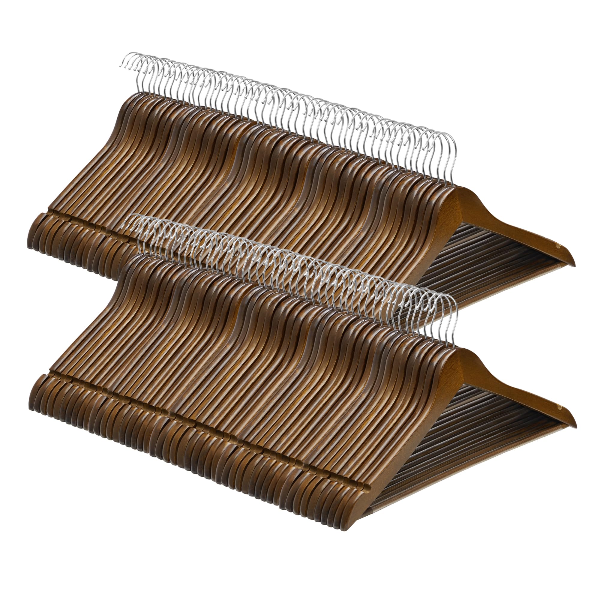 SONGMICS Kleiderbügel Holz, 100er Set, Bügel aus Massivholz, Einkerbungen im Schulterbereich, Rutschfester Hosensteg, um 360° drehbarer Haken, für Anzüge, Hemden, dunkelwalnussfarben CRW02V100