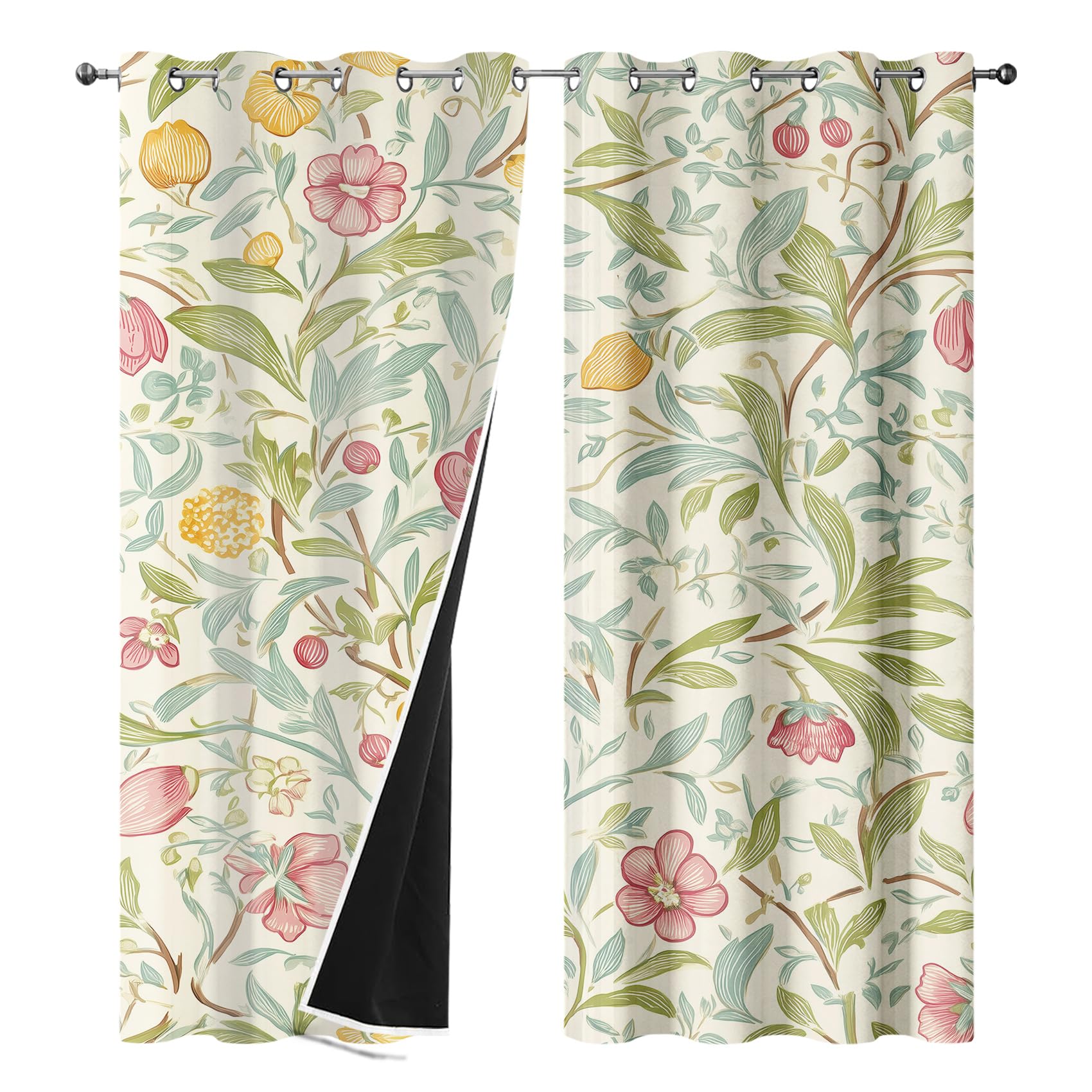 Generisch Landhaus Blumen Vorhänge, Vorhang mit Muster Ranken Blatter, Verdunklungsvorhänge Blickdicht mit Ösen, Gardinen für Wohnzimmer Schlafzimmer Deko 2er Set - 280 x 300 (B X H) Dhb61