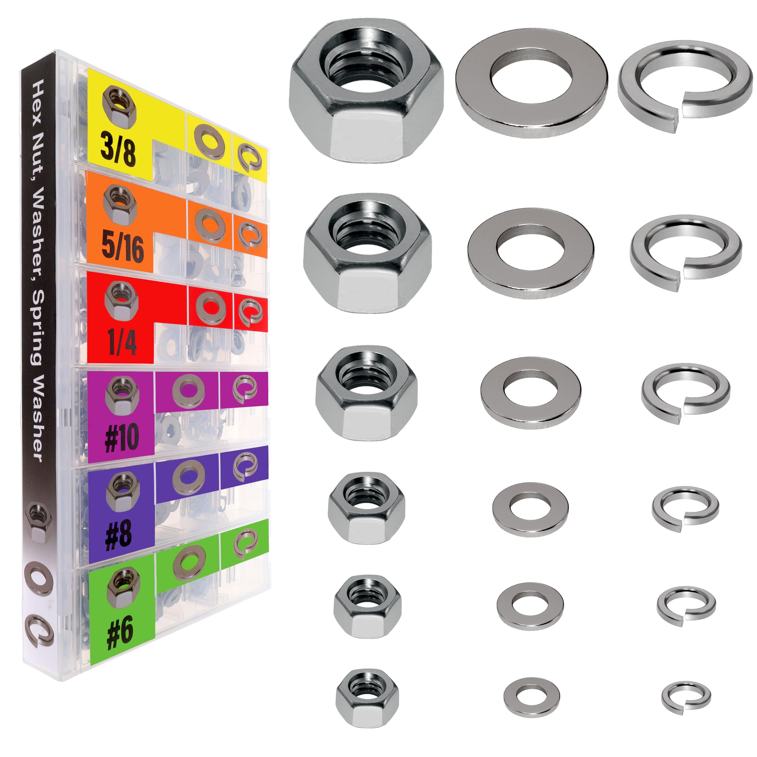 EEEEE SAE Spring Lock Washer Flat Washer Hex Nut Assortment kit 431pcs Stainless Steel 304#6#8#10 1/4 5/16 3/8 Hardware Washer Assorted Split Lock Washer Spring Lock Washer Set for Screw Bolt