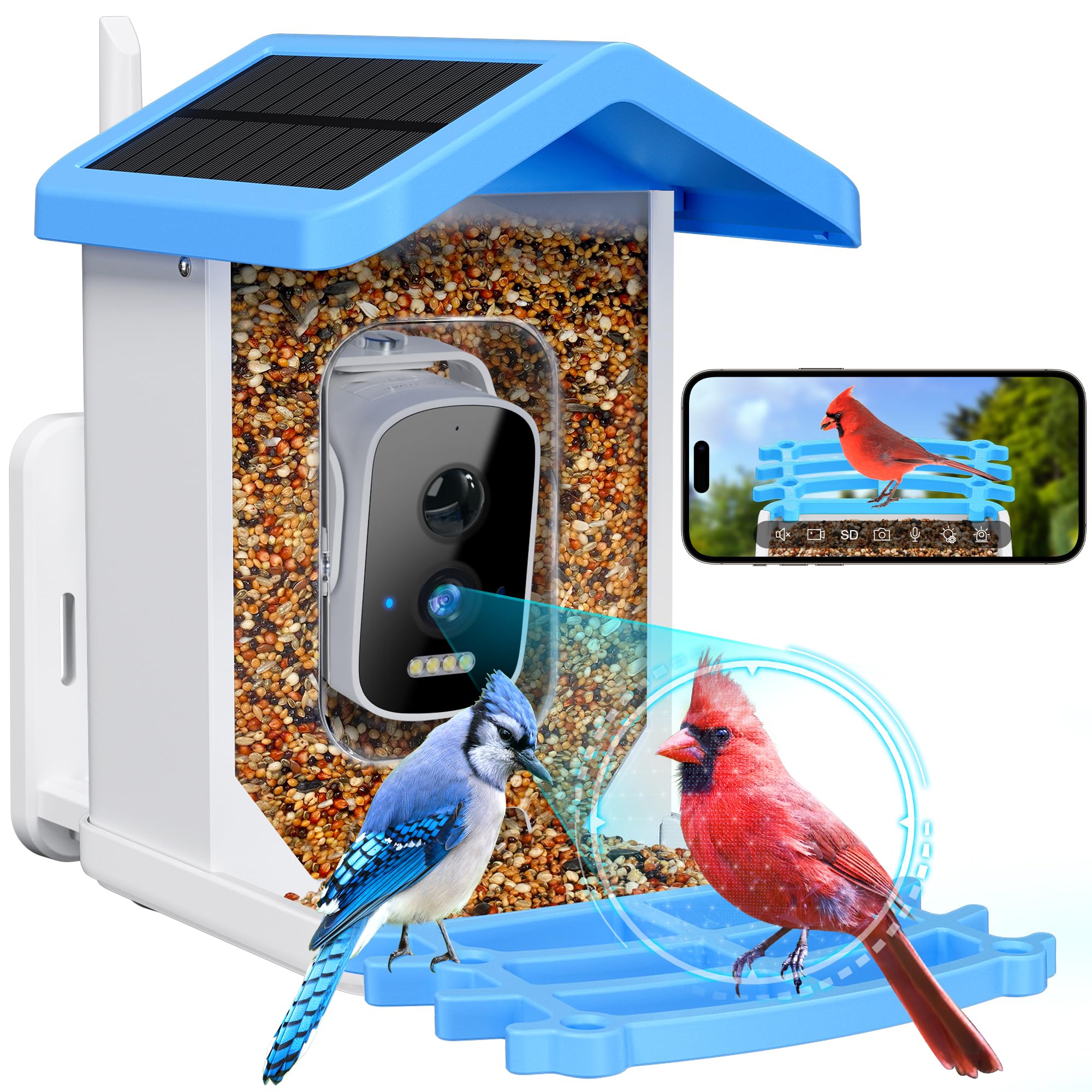 Smart Bird Feeder with Camera Solar Powered, 2.5k HD Camera Auto Capture &AI Identification, Real Time Notifications, Gift for Bird Lovers, Blue