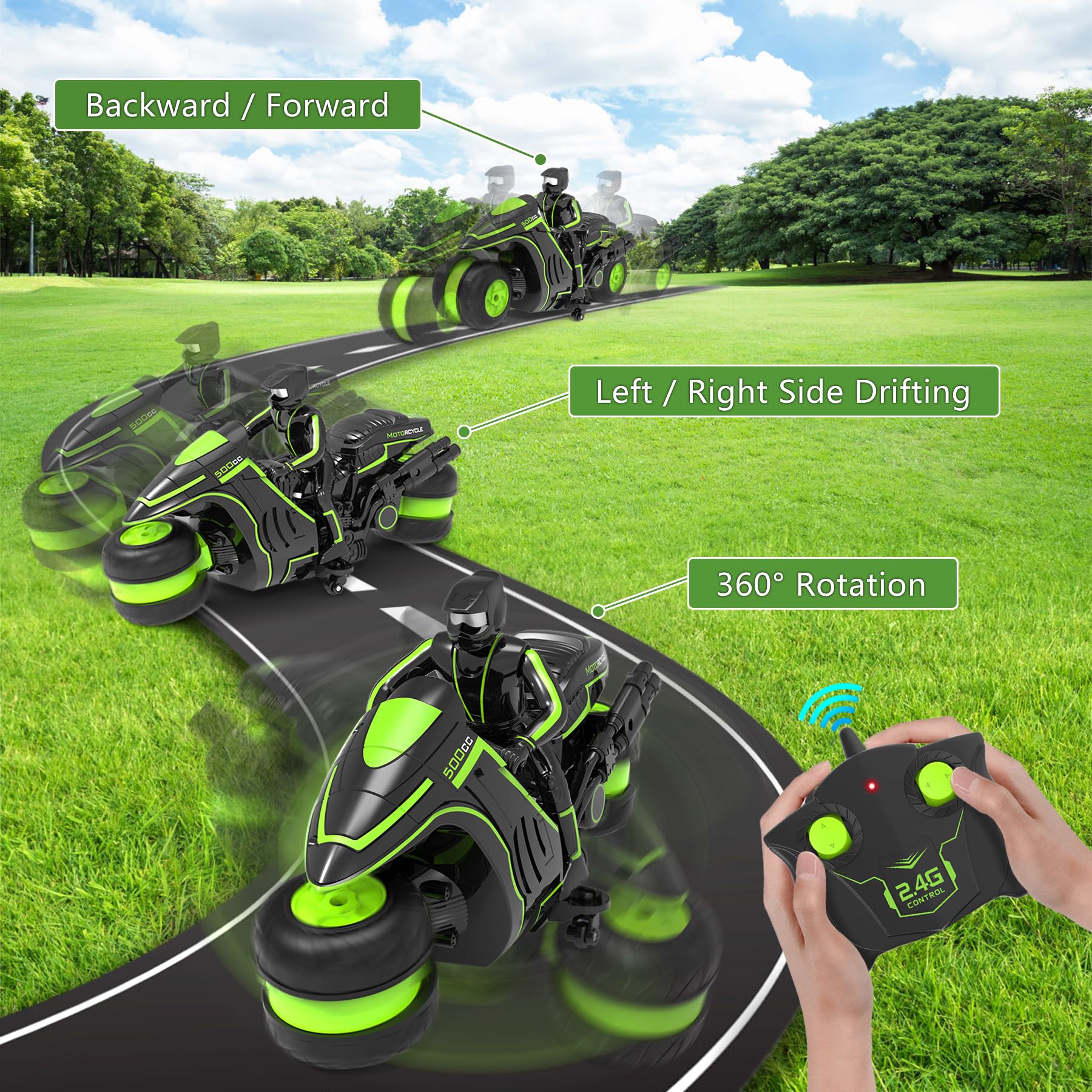 Motocicleta a control remoto, rueda giratoria de 360°, juguetes de motocross de acrobacias a control remoto, modelo de conducción de alta velocidad con batería recargable, motocicletas de 3