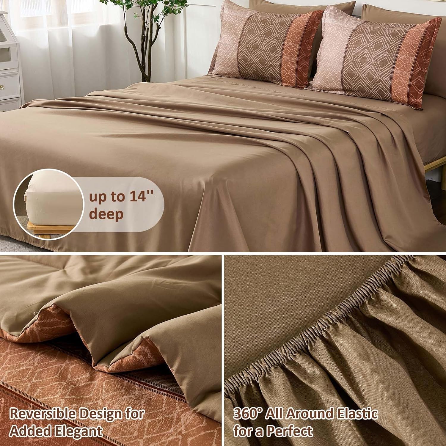 Dinjoy Boho Queen Comforter Set Red Brown,7 Piece Bed in a Bag Queen Size Warm Striped Bedding Sets with Plaid Fall Comforters Bed Set with Sheets for Family All Season - Image 6