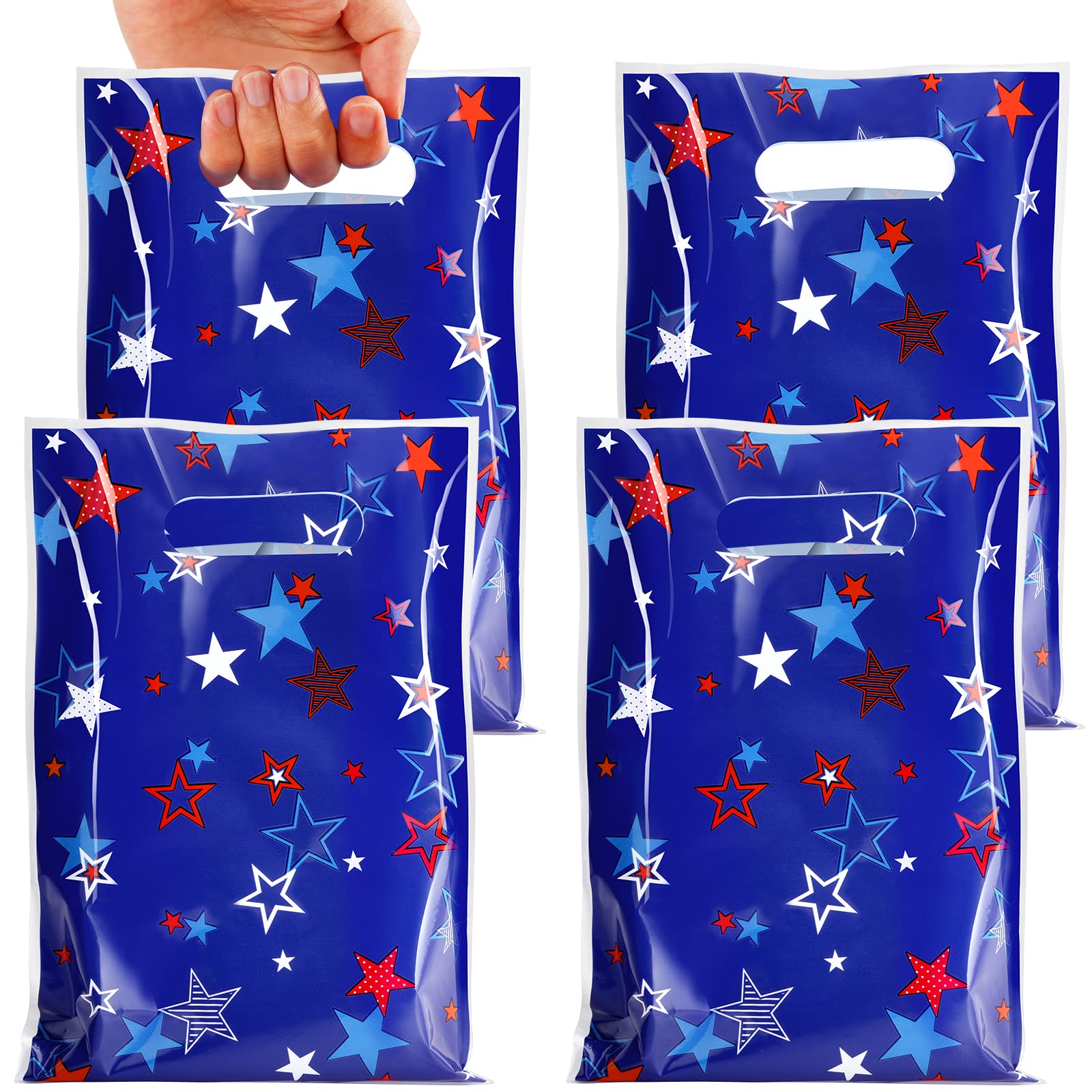MASHAN 50 Pieces 4th of July Goodie Bags Bulk, Patriotic Gift Bags,Plastic Treat Gift Handles Bag with Red White Blue Star for Independence Day